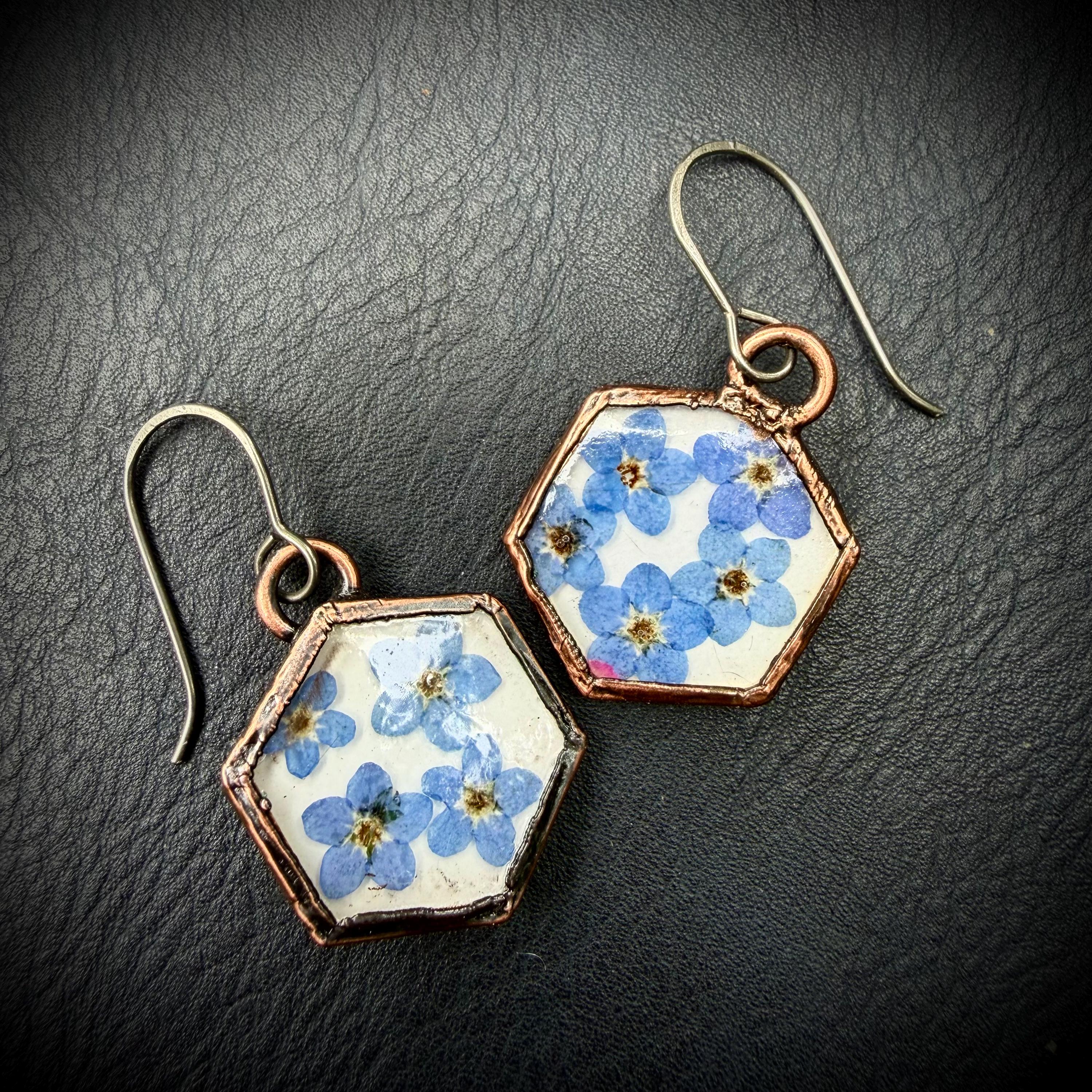 Forget Me Not Flower Dangle Earrings – Electroformed Copper – Handmade Botanical Jewelry