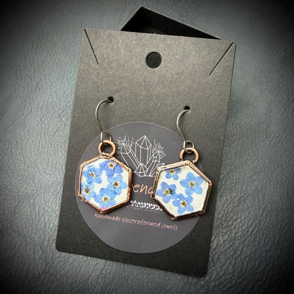 Forget Me Not Flower Dangle Earrings – Electroformed Copper – Handmade Botanical Jewelry
