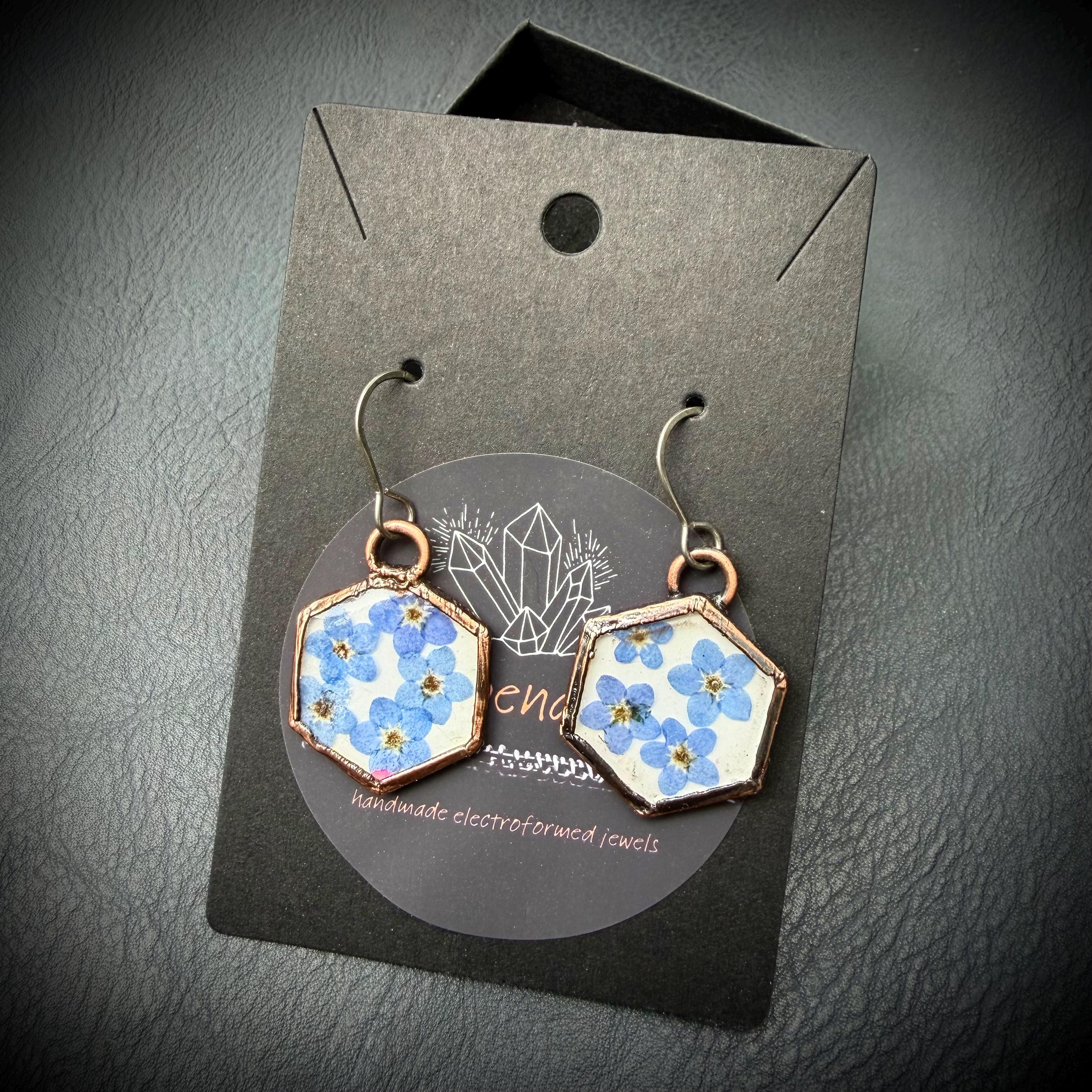 Forget Me Not Flower Dangle Earrings – Electroformed Copper – Handmade Botanical Jewelry