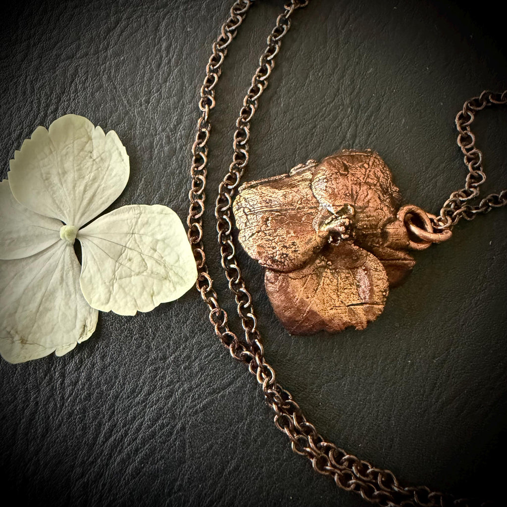 Hydrangea Flower Necklace with Pearl – Electroformed Copper Jewelry