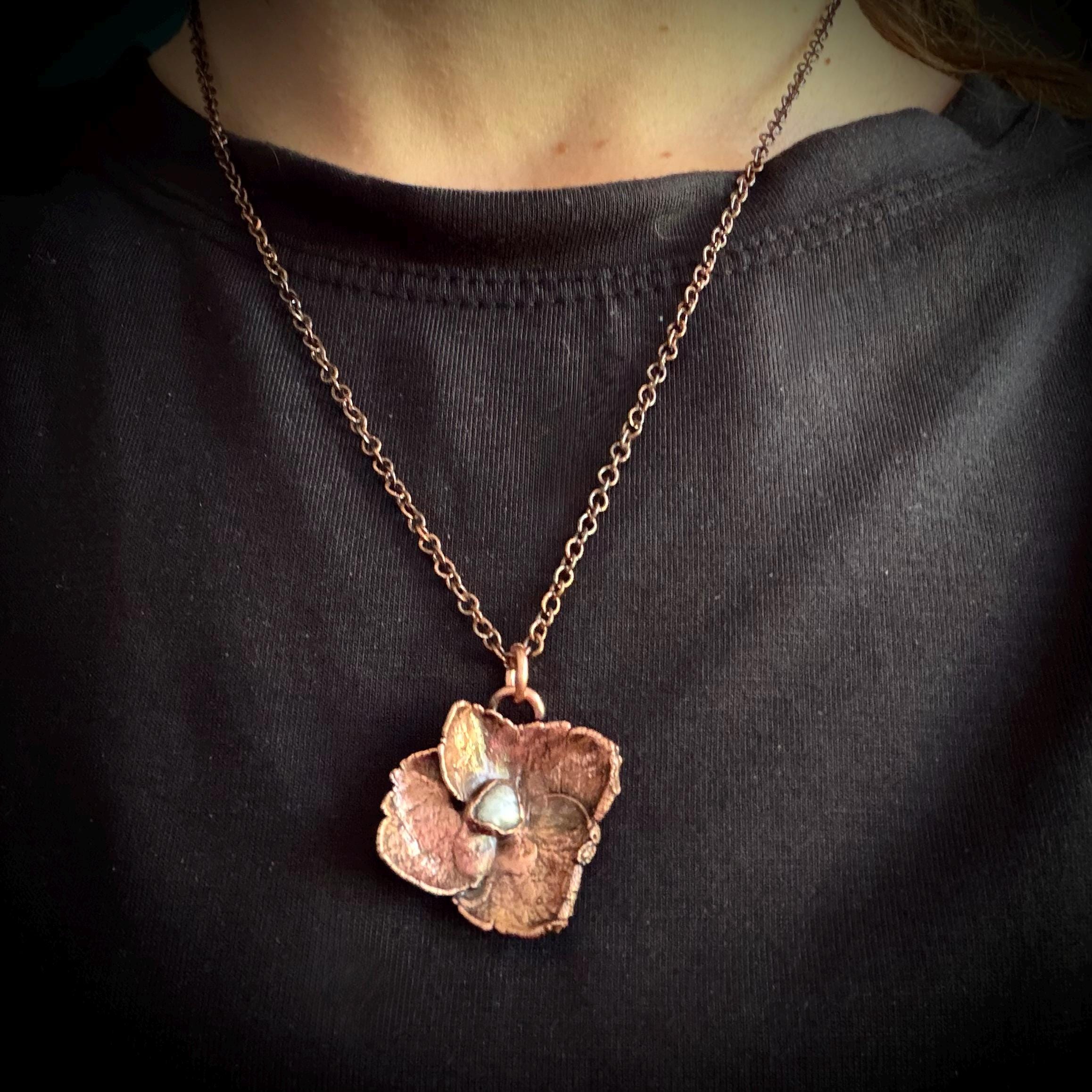 Hydrangea Flower Necklace with Pearl – Electroformed Copper Jewelry