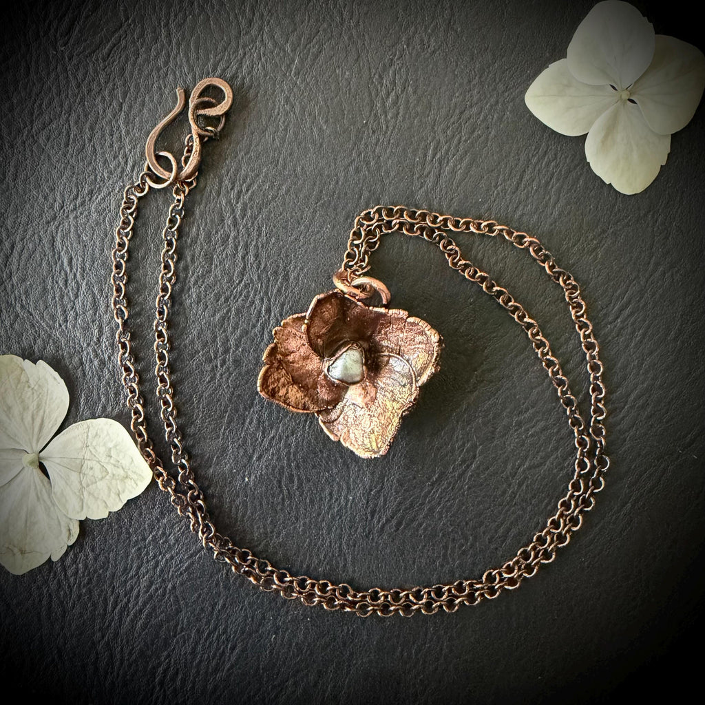Hydrangea Flower Necklace with Pearl – Electroformed Copper Jewelry
