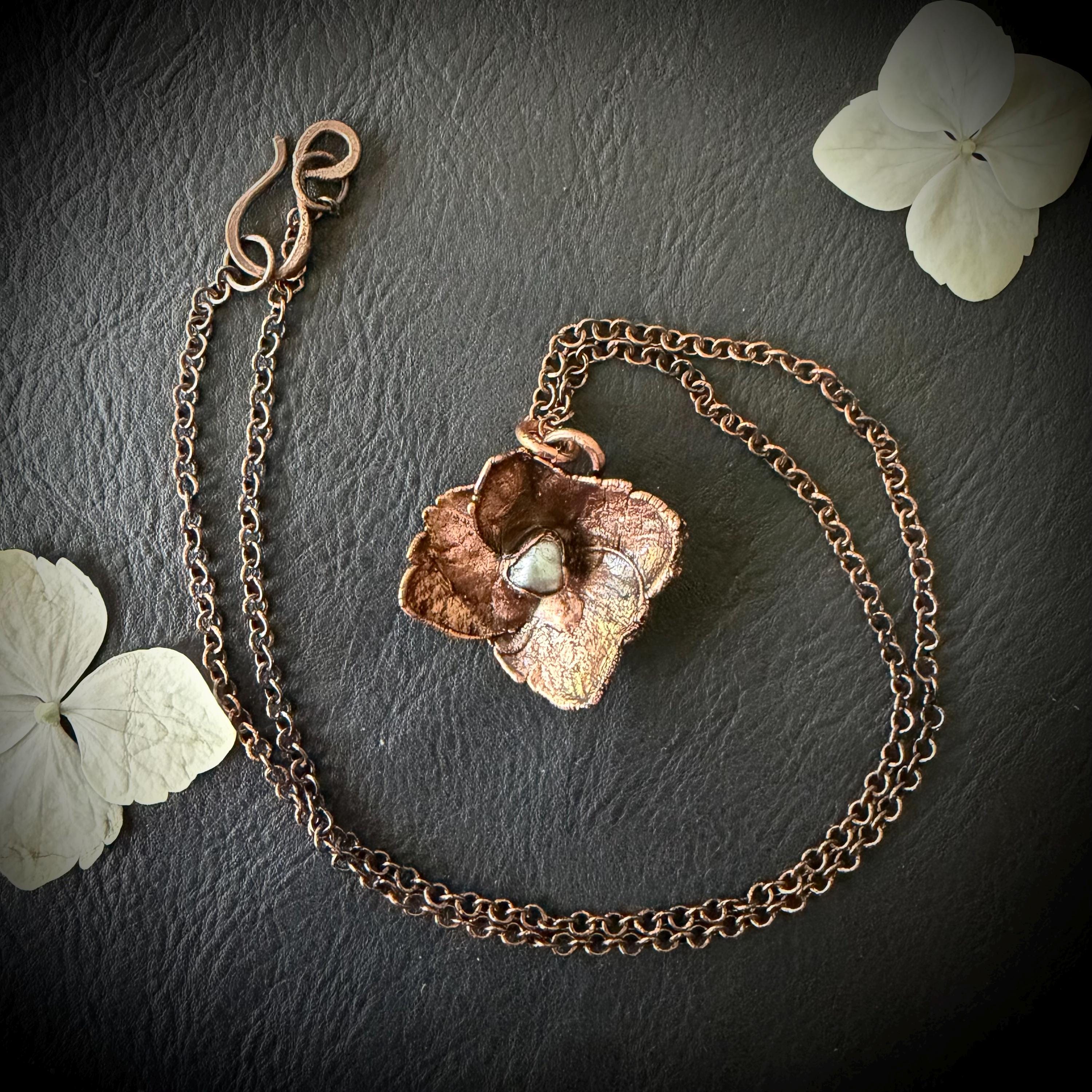Hydrangea Flower Necklace with Pearl – Electroformed Copper Jewelry