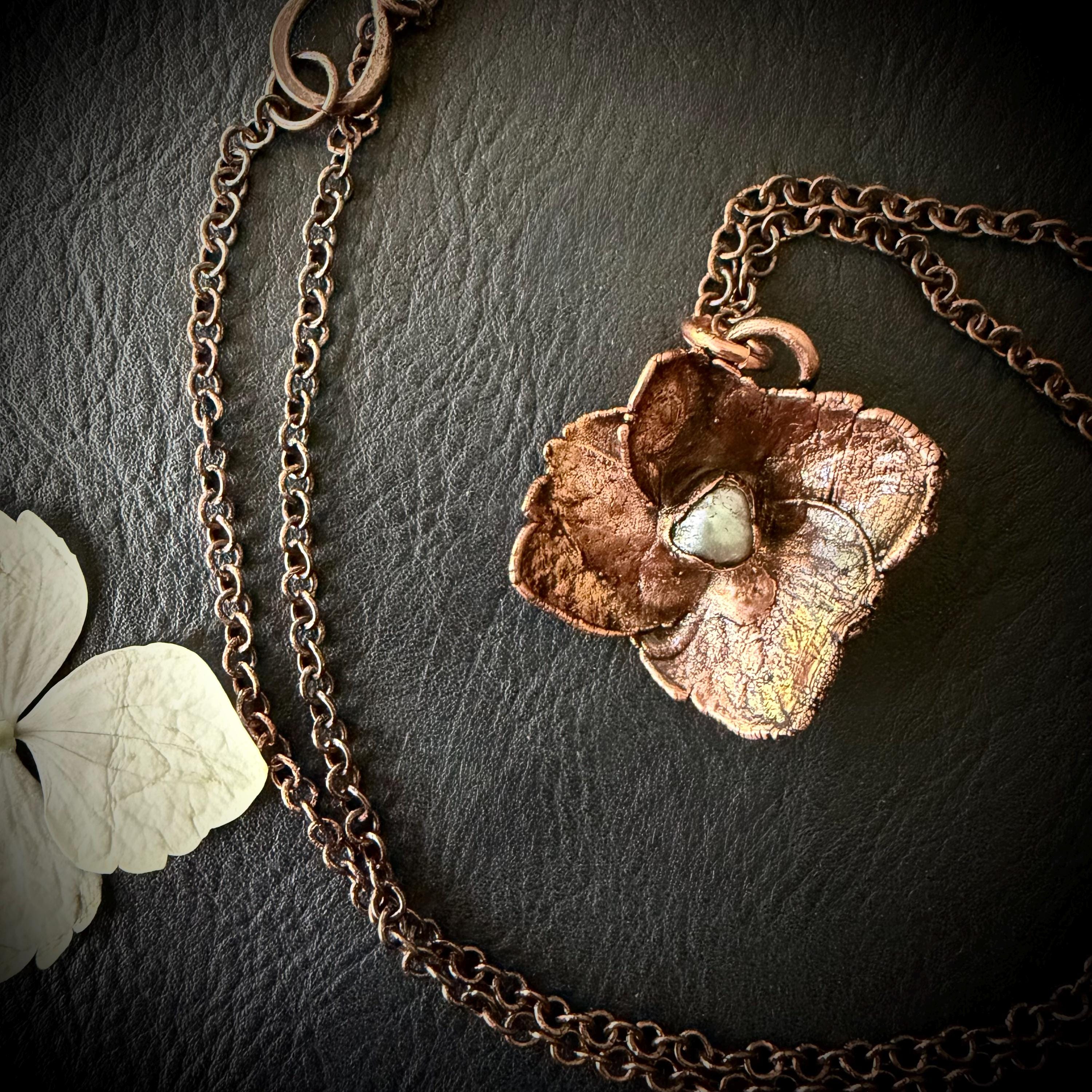 Hydrangea Flower Necklace with Pearl – Electroformed Copper Jewelry