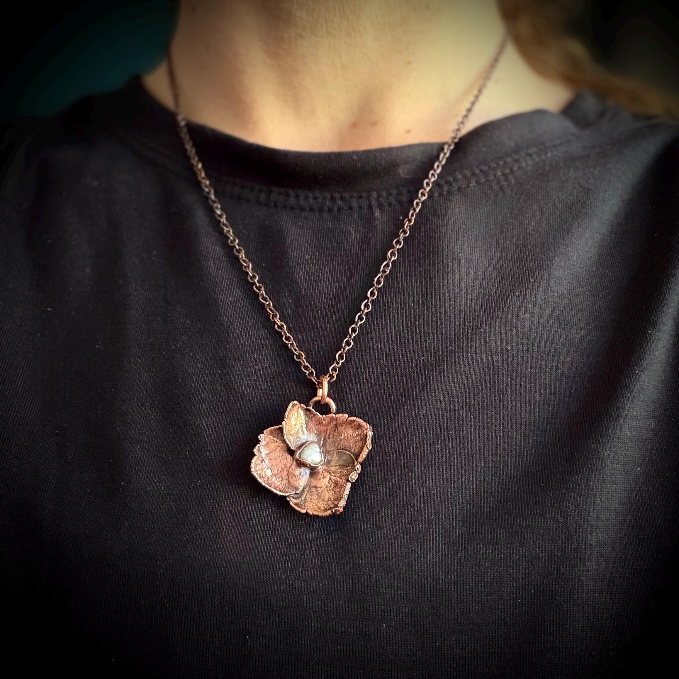 Hydrangea Flower Necklace with Pearl – Electroformed Copper Jewelry