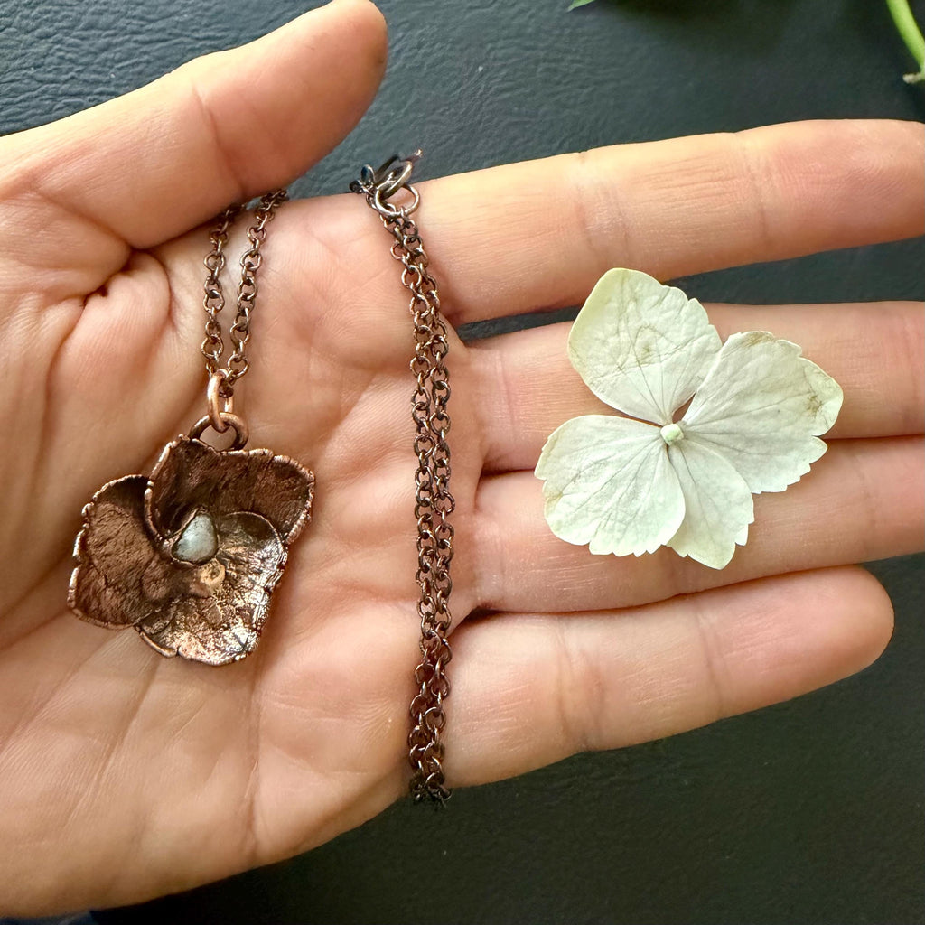 Hydrangea Flower Necklace with Pearl – Electroformed Copper Jewelry