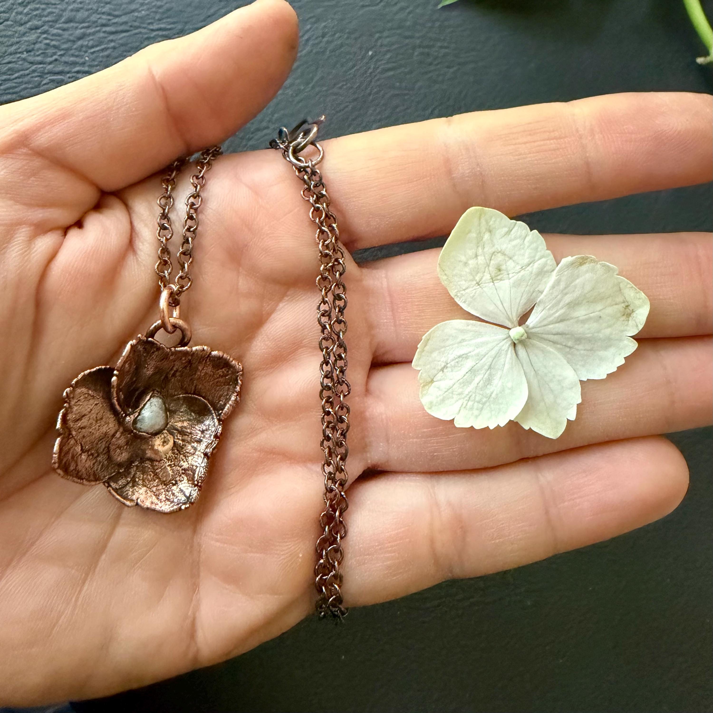 Hydrangea Flower Necklace with Pearl – Electroformed Copper Jewelry