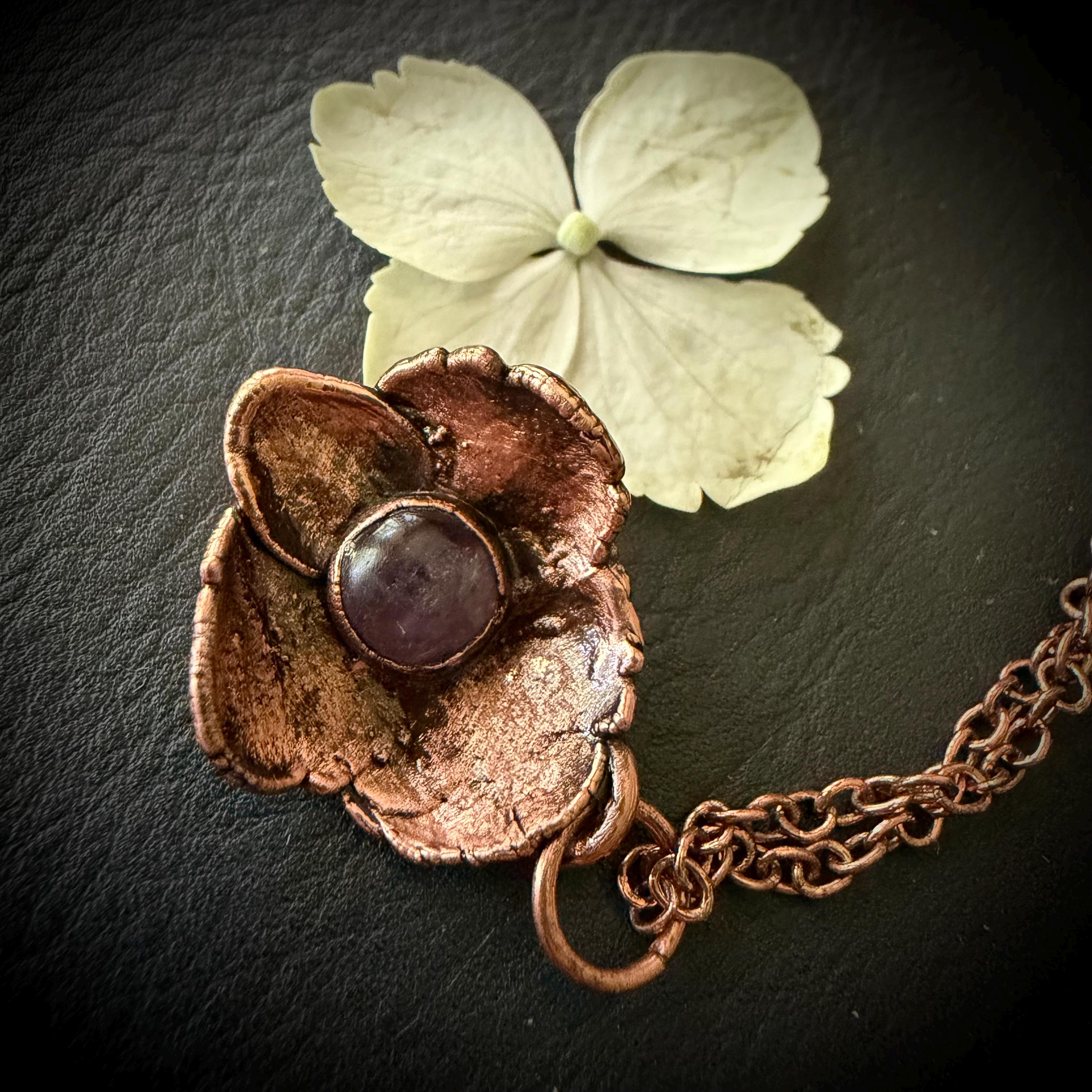 Hydrangea Flower Necklace with Amethyst – Electroformed Copper Jewelry