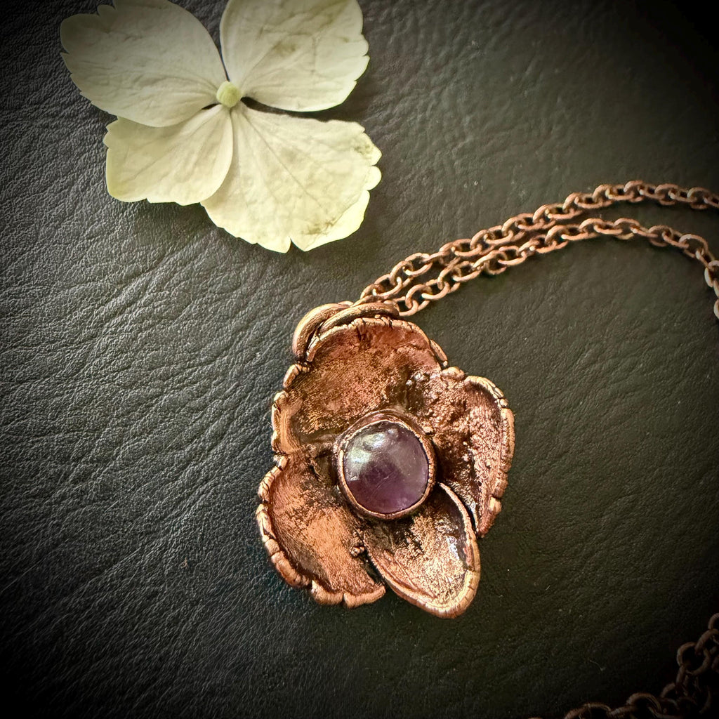 Hydrangea Flower Necklace with Amethyst – Electroformed Copper Jewelry