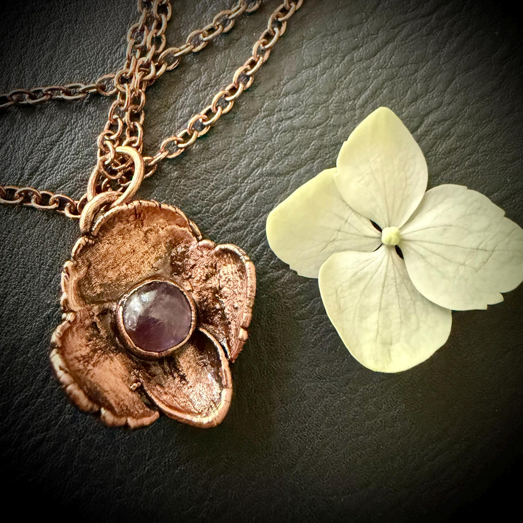 Hydrangea Flower Necklace with Amethyst – Electroformed Copper Jewelry