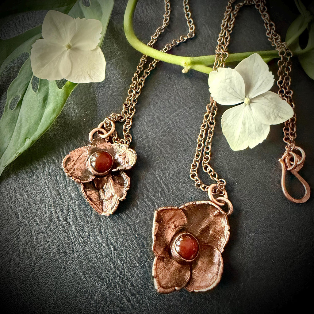 Hydrangea Flower Necklace with Carnelian – Electroformed Copper Jewelry