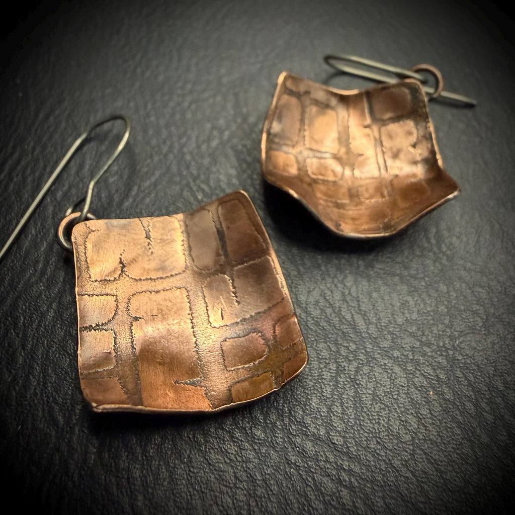 Copper Electro-Etched Dangle Earrings | Titanium Ear Wires
