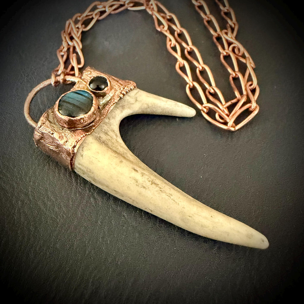Electroformed Antler Necklace with Labradorite & Obsidian – Copper Nature Jewelry