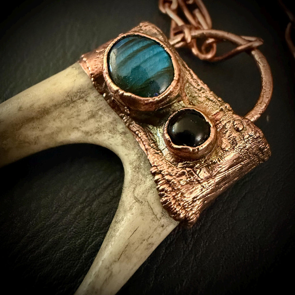 Electroformed Antler Necklace with Labradorite & Obsidian – Copper Nature Jewelry