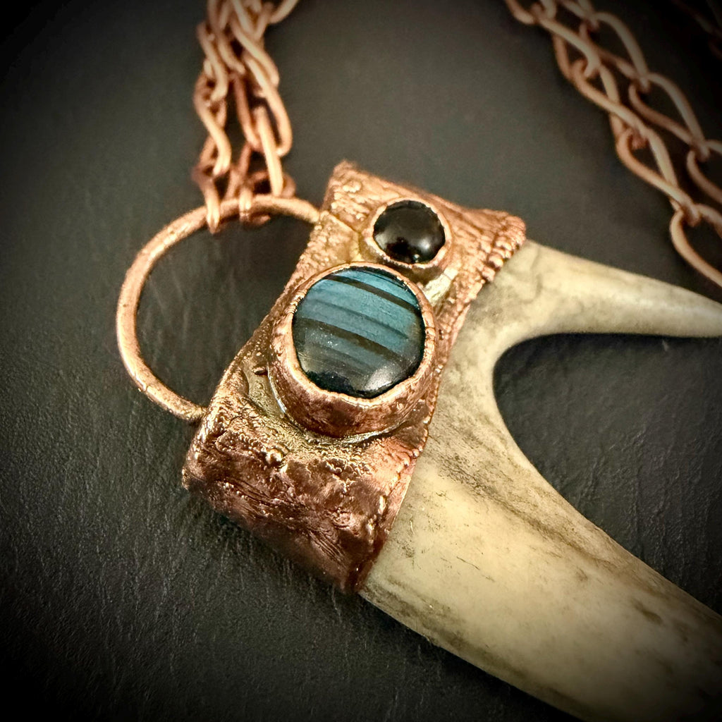 Electroformed Antler Necklace with Labradorite & Obsidian – Copper Nature Jewelry