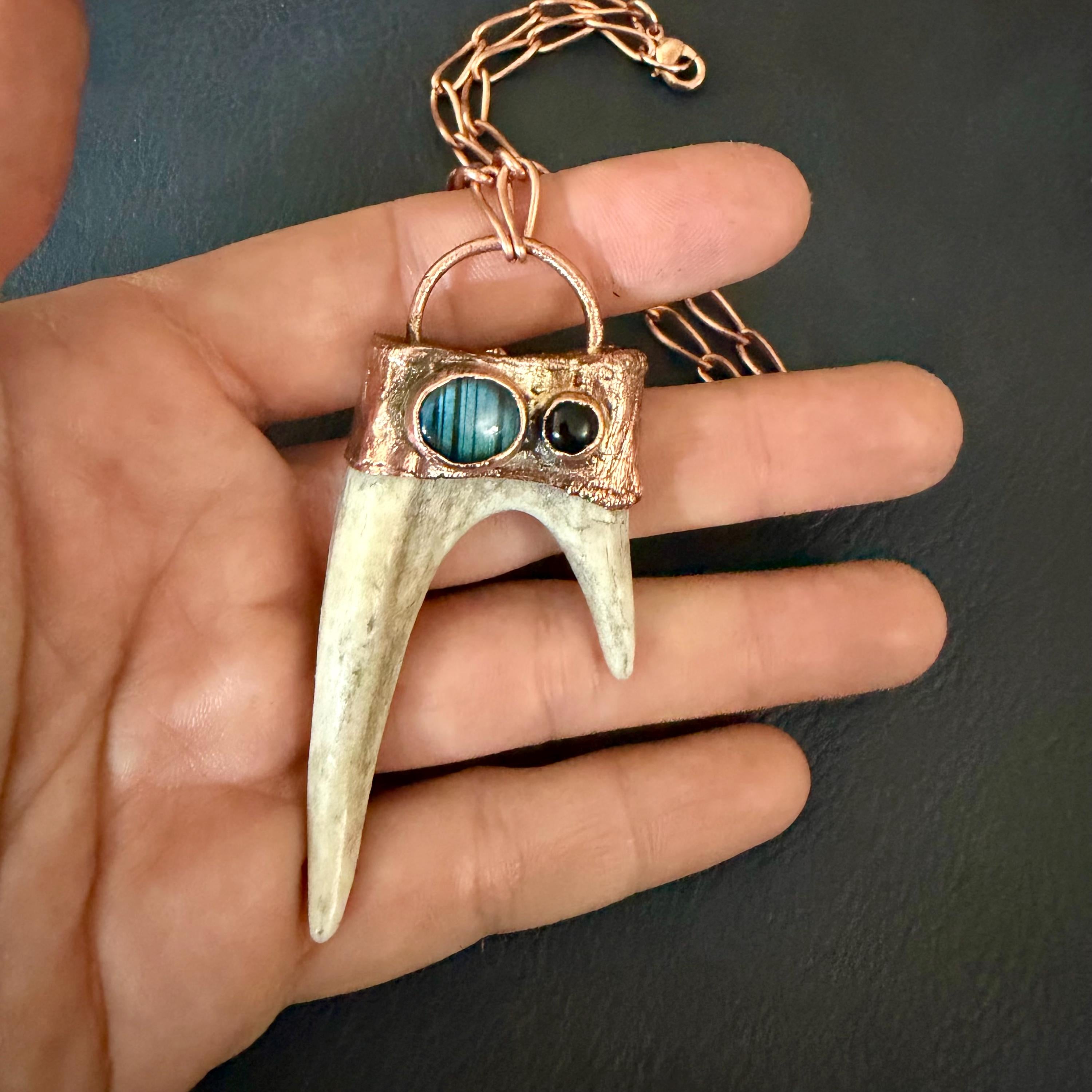 Electroformed Antler Necklace with Labradorite & Obsidian – Copper Nature Jewelry