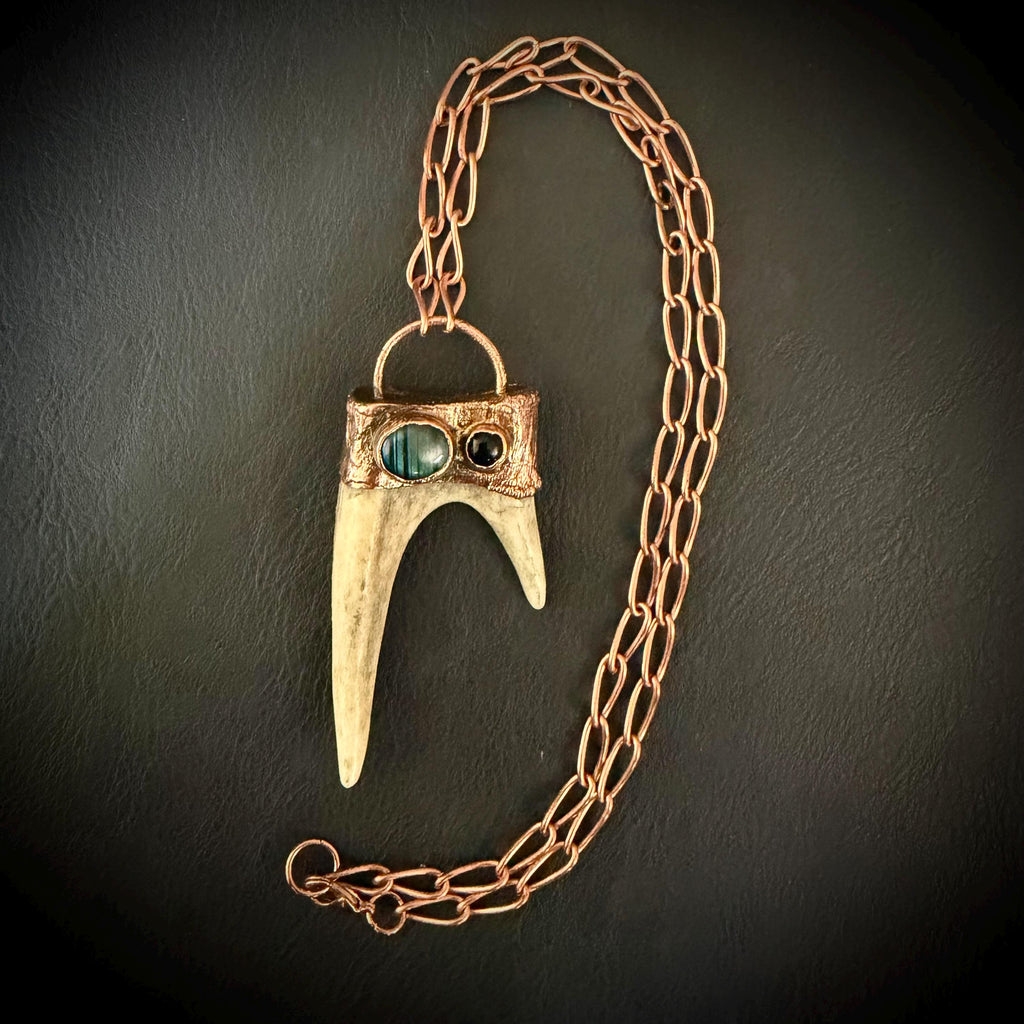 Electroformed Antler Necklace with Labradorite & Obsidian – Copper Nature Jewelry
