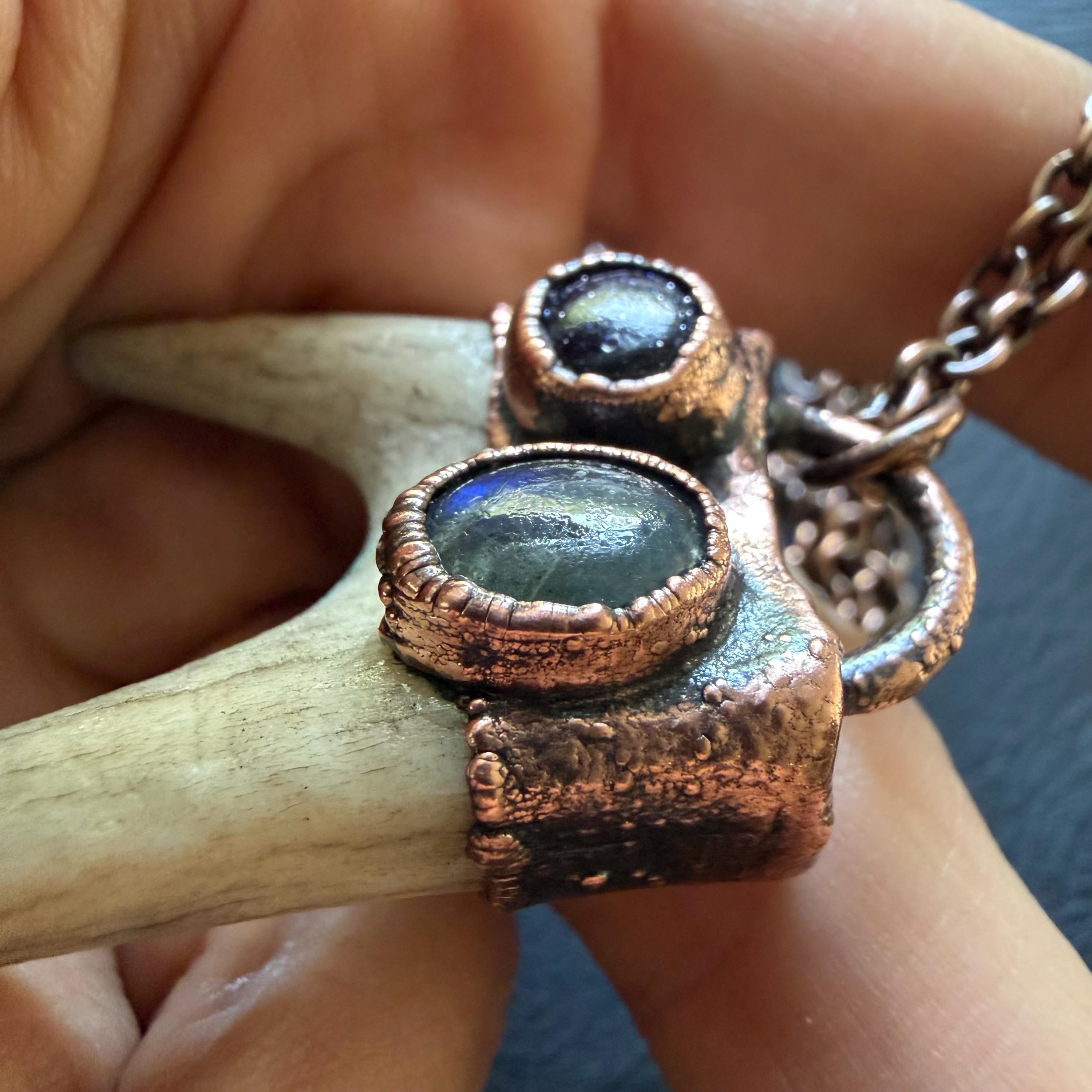 Electroformed Antler Necklace with Labradorite & Blue Goldstone – Copper Nature Jewelry