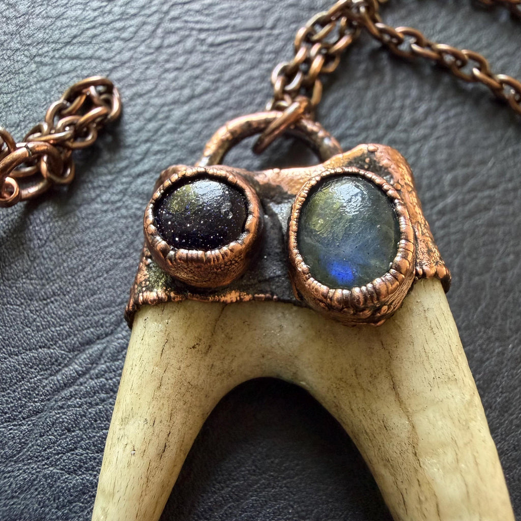 Electroformed Antler Necklace with Labradorite & Blue Goldstone – Copper Nature Jewelry