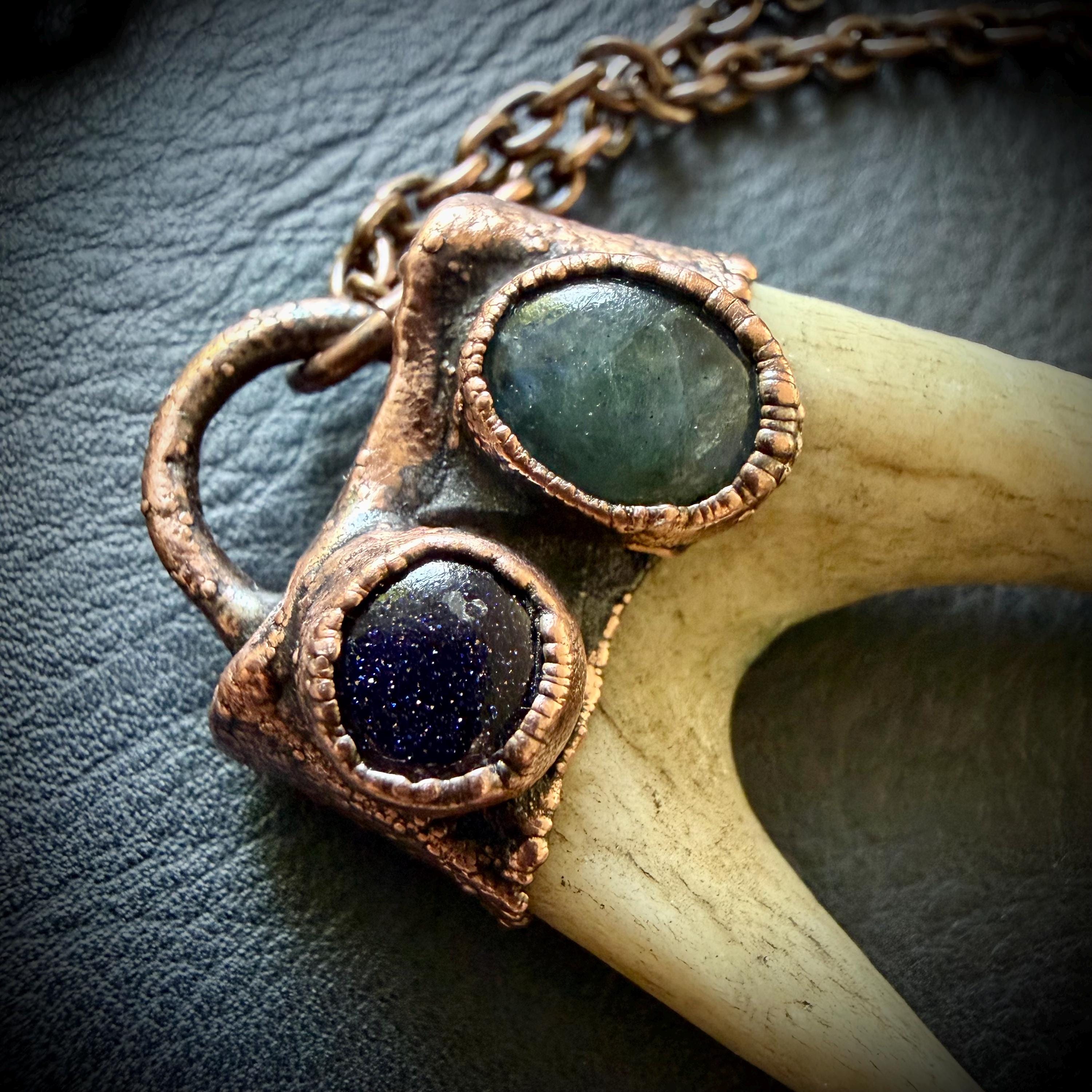 Electroformed Antler Necklace with Labradorite & Blue Goldstone – Copper Nature Jewelry