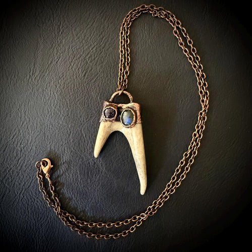 Electroformed Antler Necklace with Labradorite & Blue Goldstone – Copper Nature Jewelry