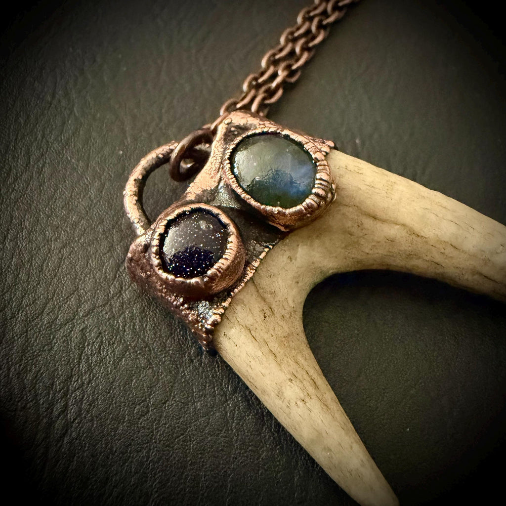 Electroformed Antler Necklace with Labradorite & Blue Goldstone – Copper Nature Jewelry