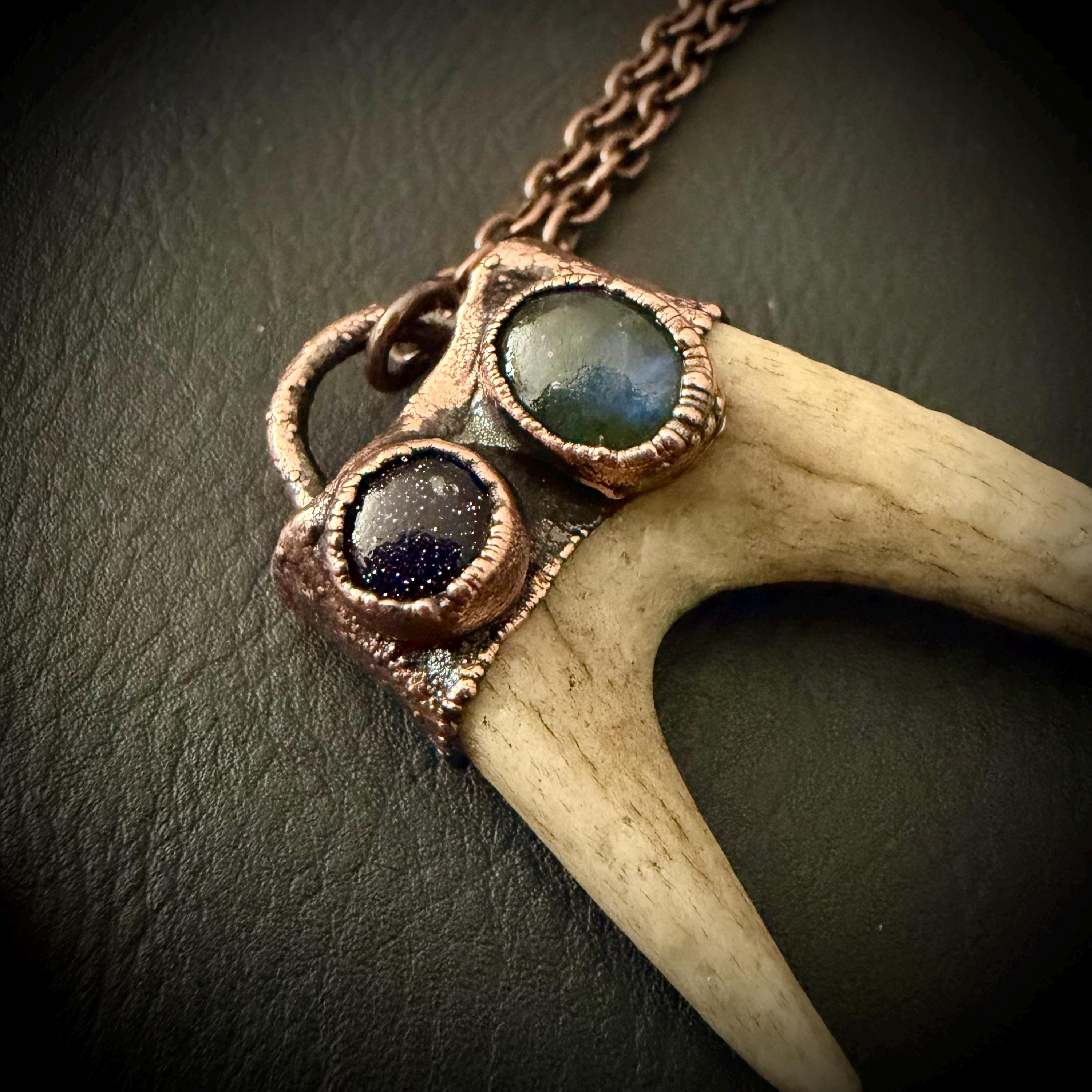 Electroformed Antler Necklace with Labradorite & Blue Goldstone – Copper Nature Jewelry