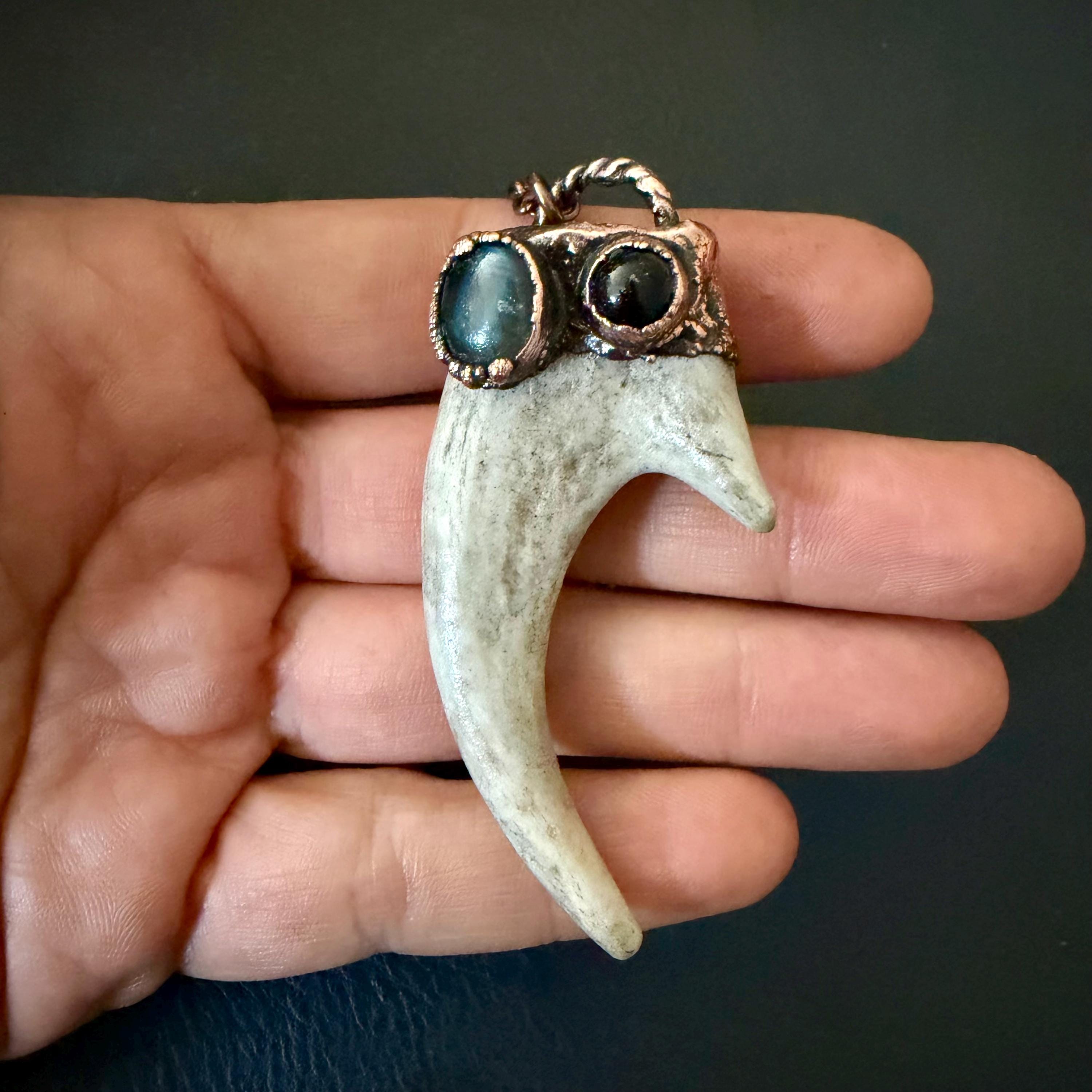 Electroformed Antler Necklace with Labradorite & Obsidian – Copper Nature Jewelry