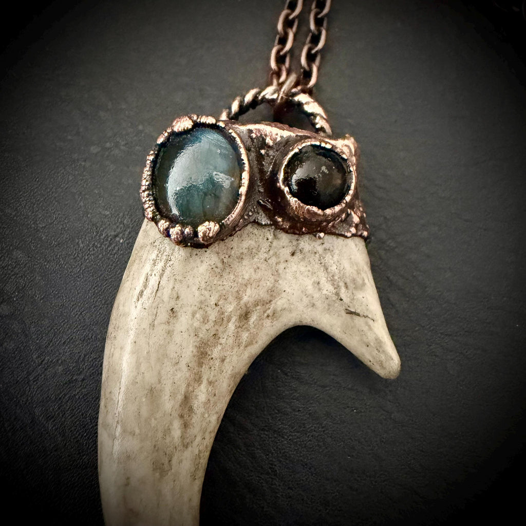 Electroformed Antler Necklace with Labradorite & Obsidian – Copper Nature Jewelry