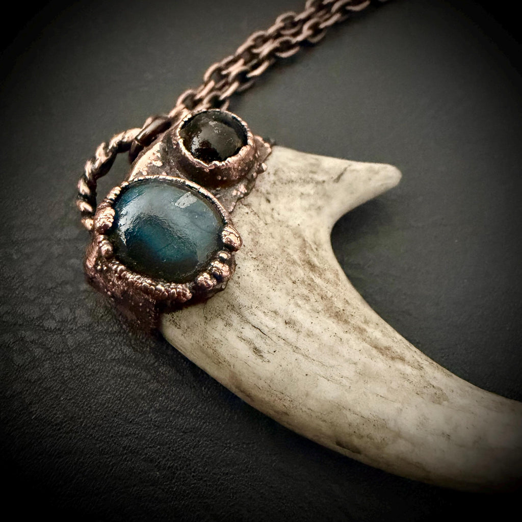 Electroformed Antler Necklace with Labradorite & Obsidian – Copper Nature Jewelry