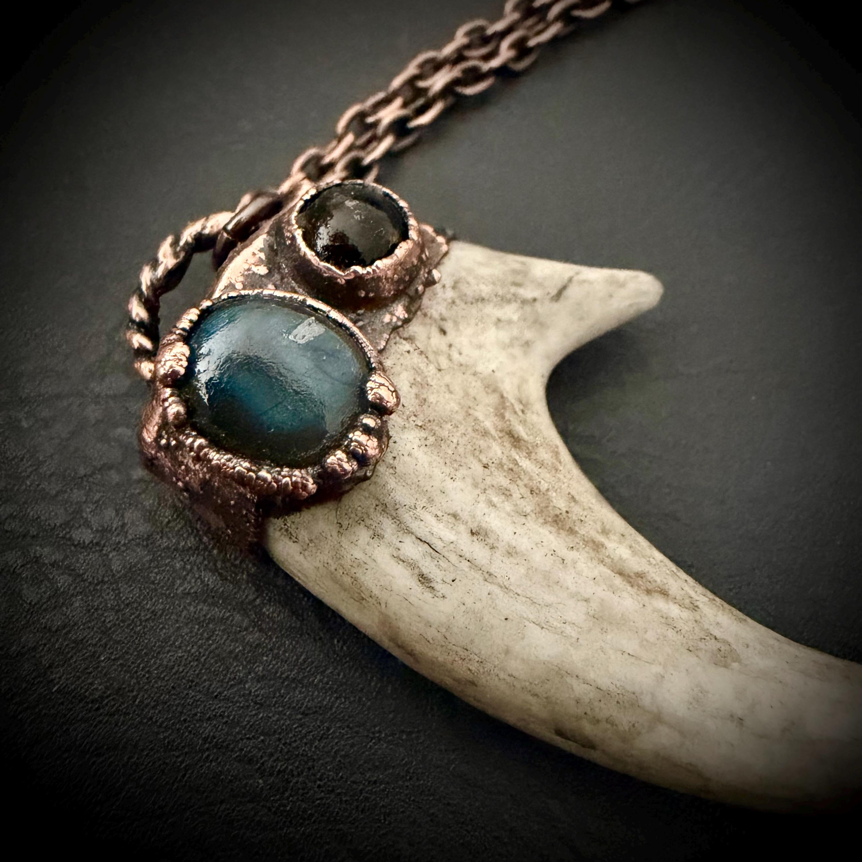 Electroformed Antler Necklace with Labradorite & Obsidian – Copper Nature Jewelry