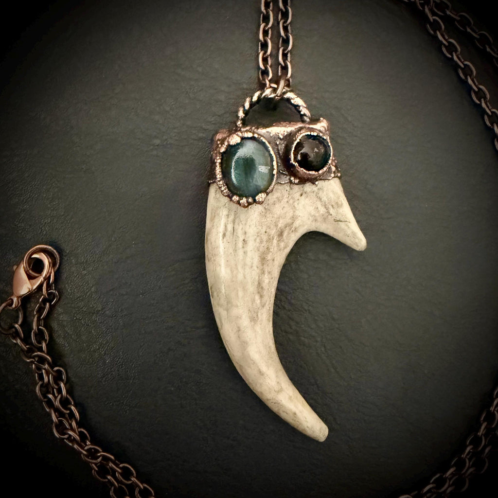 Electroformed Antler Necklace with Labradorite & Obsidian – Copper Nature Jewelry