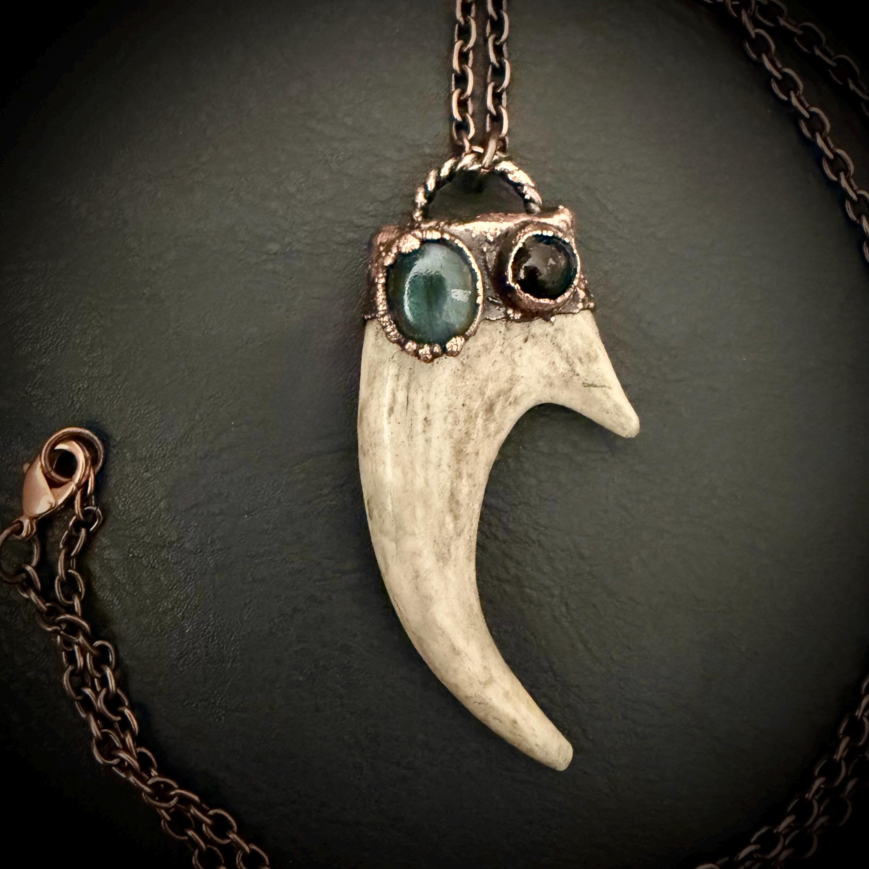 Electroformed Antler Necklace with Labradorite & Obsidian – Copper Nature Jewelry
