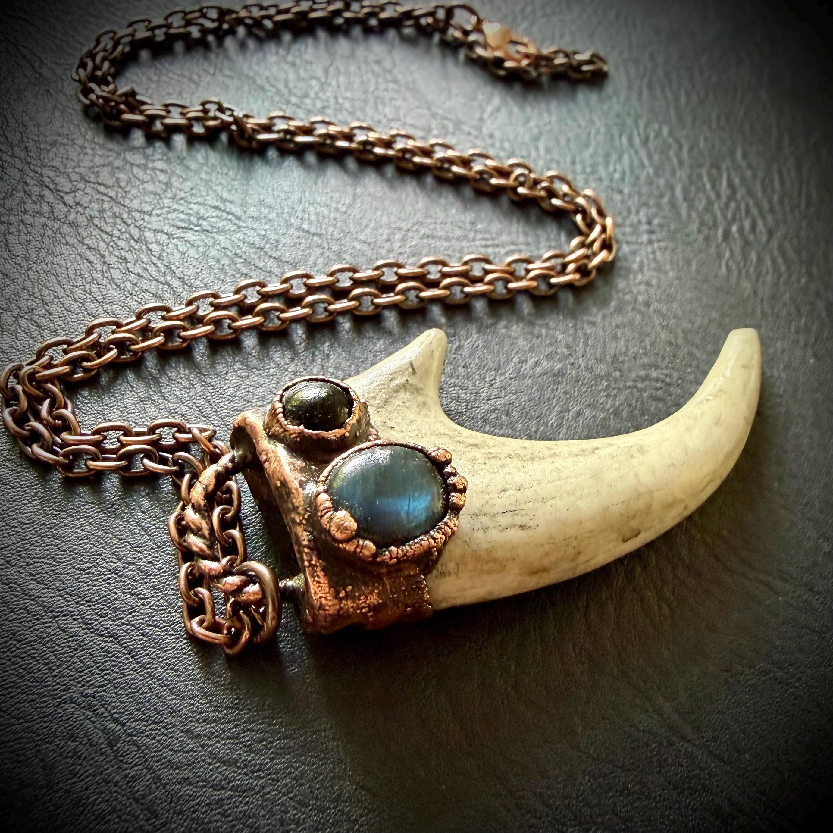 Electroformed Antler Necklace with Labradorite & Obsidian – Copper Nature Jewelry