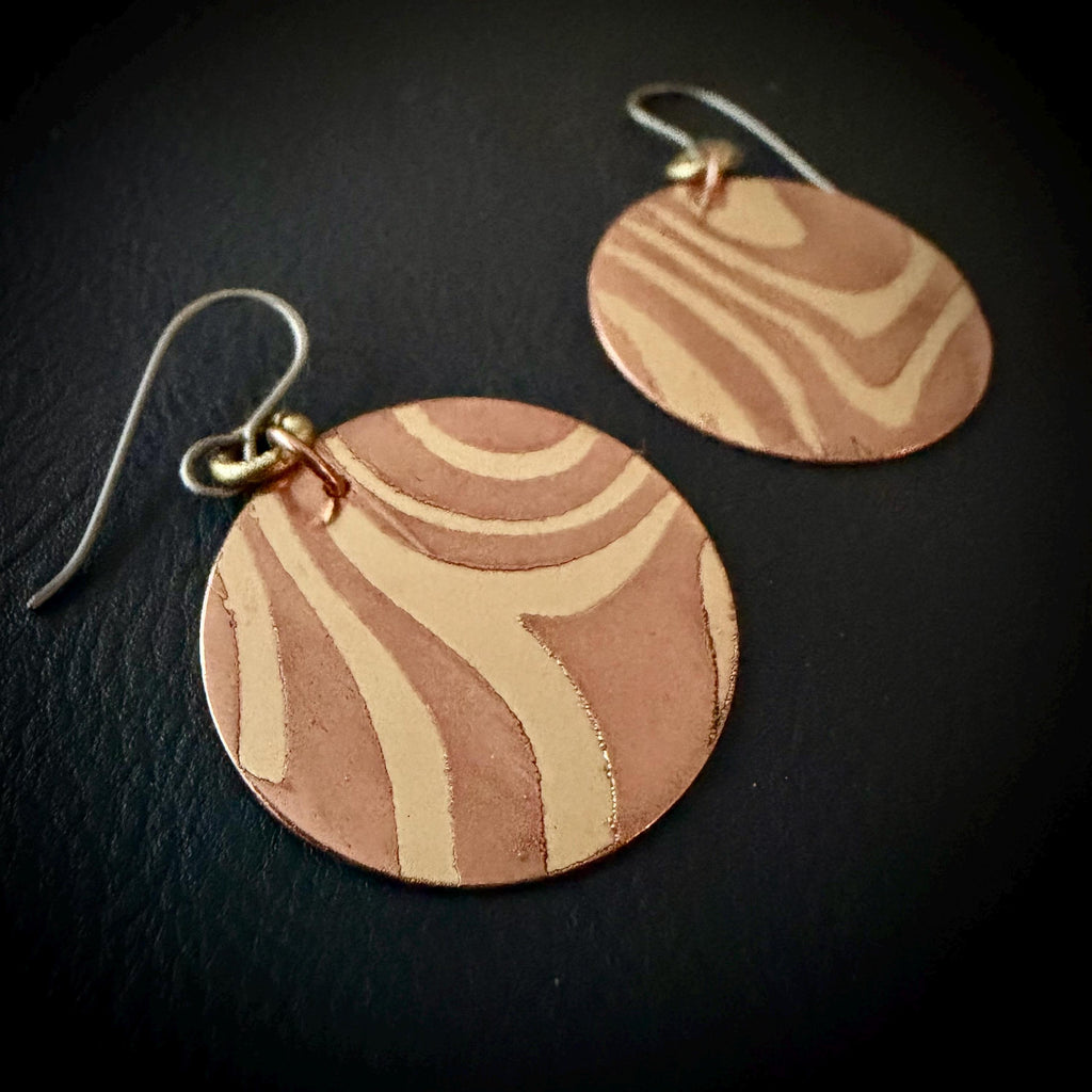 Copper & Brass Circle Earrings | Handcrafted Mixed Metal Statement Earrings | Titanium Ear Wires