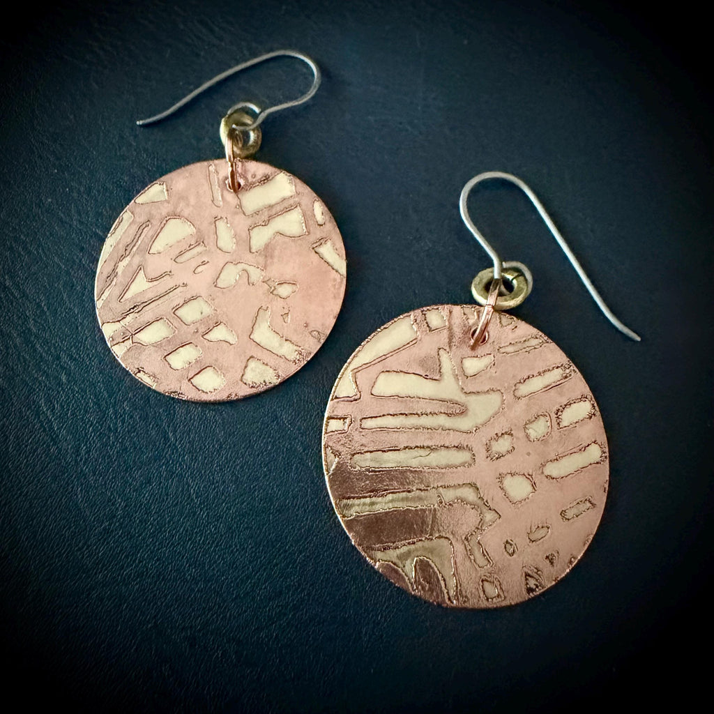 Copper & Brass Circle Earrings | Handcrafted Mixed Metal Statement Earrings | Titanium Ear Wires