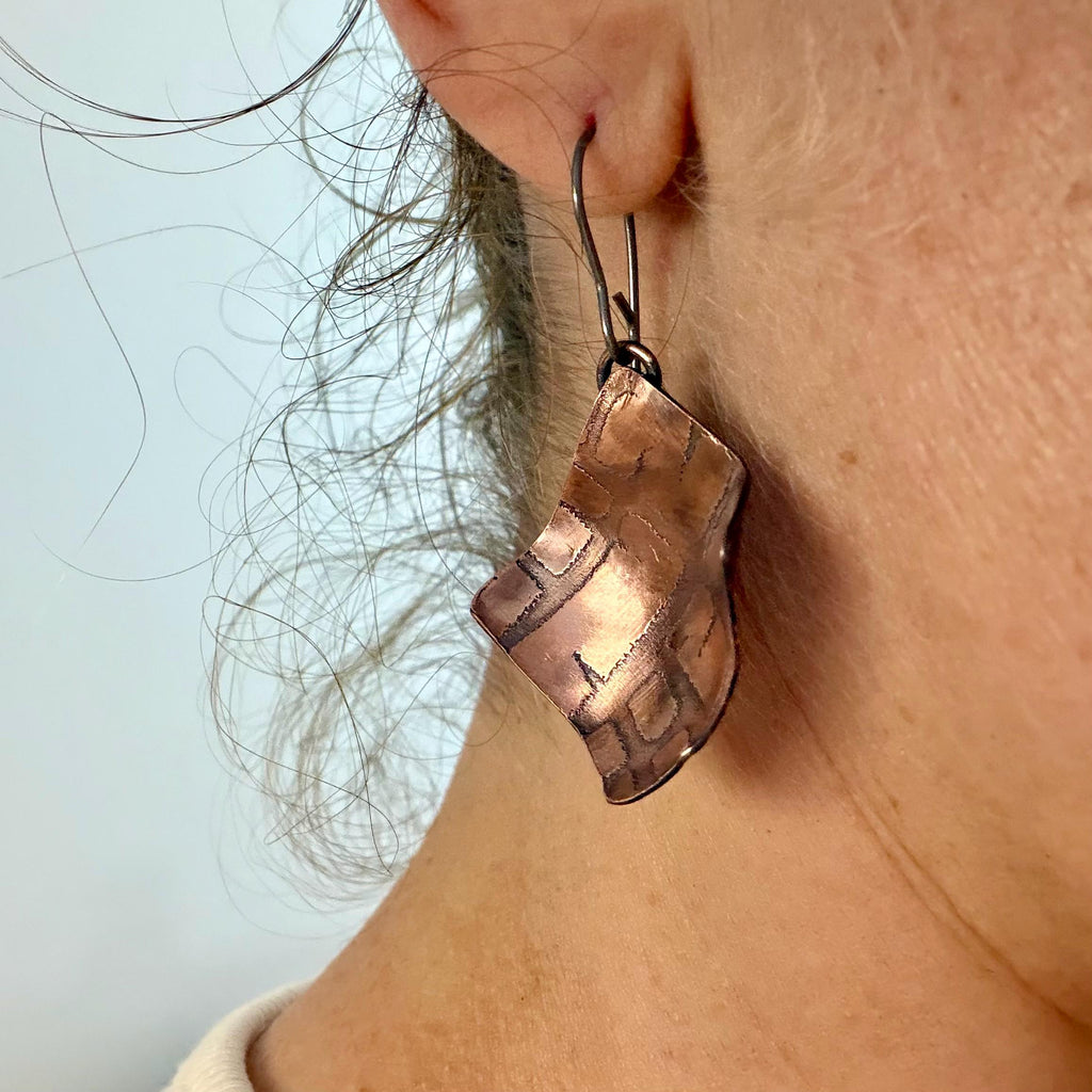 Copper Electro-Etched Dangle Earrings | Titanium Ear Wires