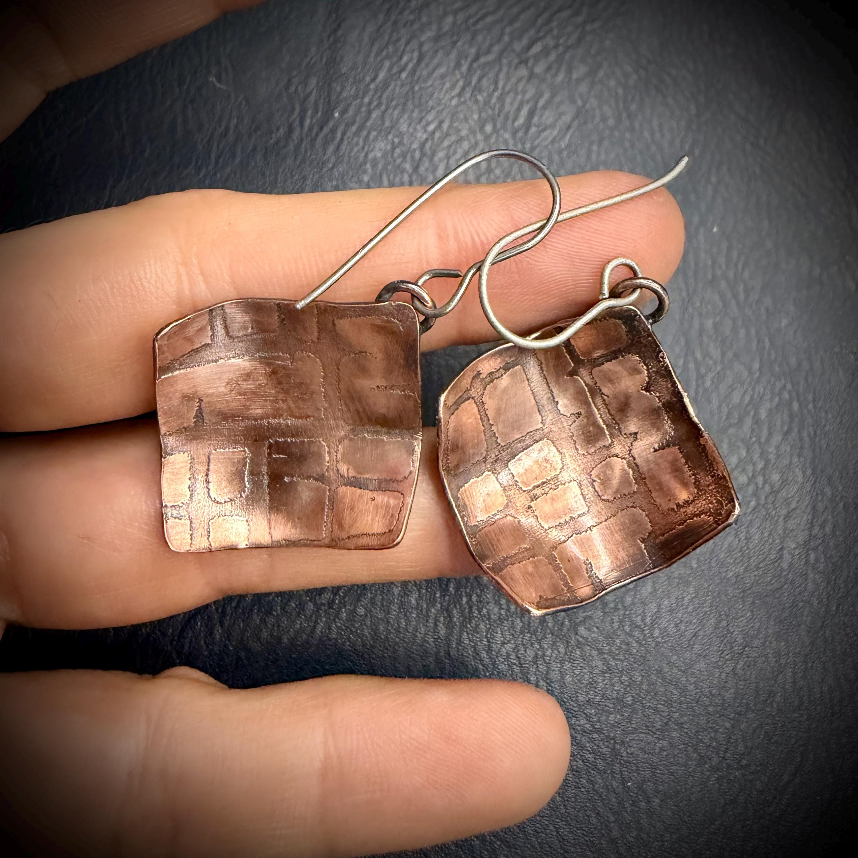 Copper Electro-Etched Dangle Earrings | Titanium Ear Wires
