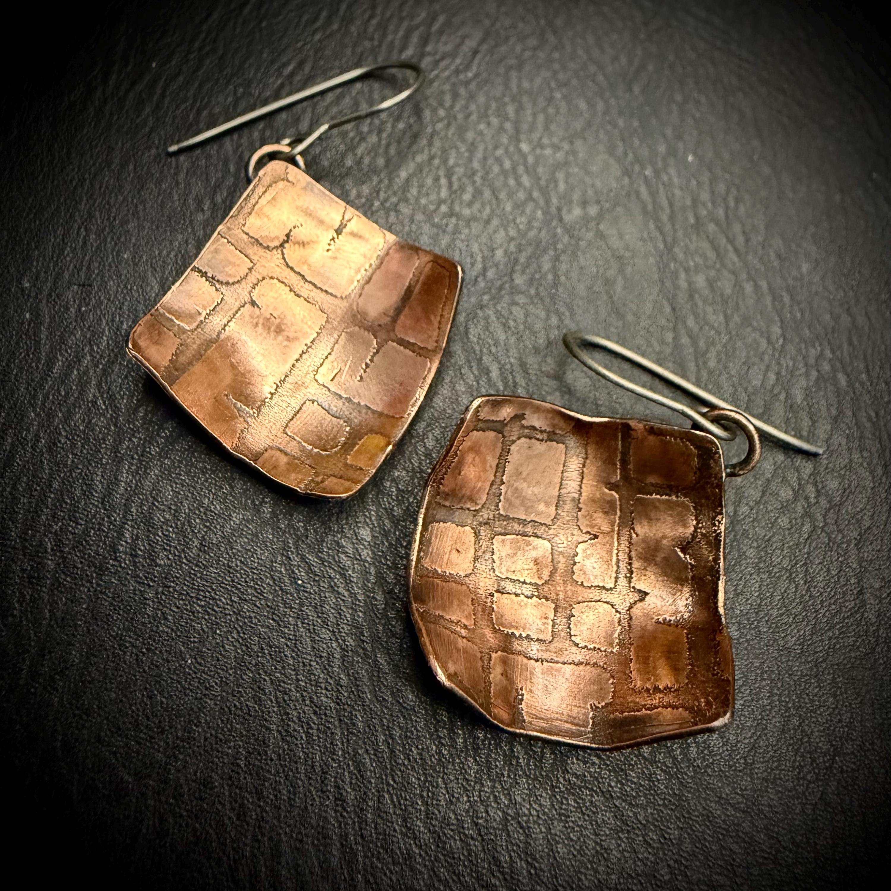 Copper Electro-Etched Dangle Earrings | Titanium Ear Wires