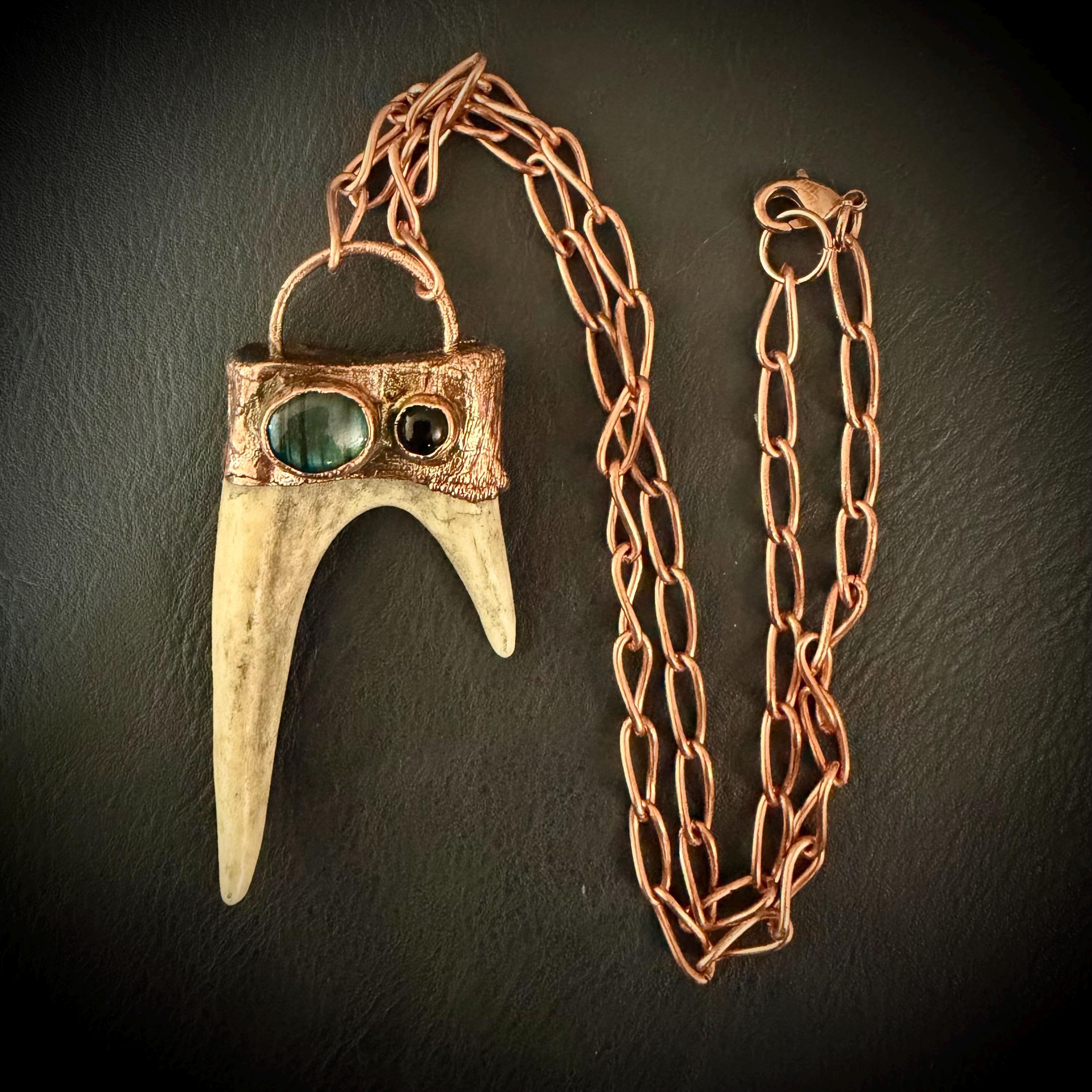 Electroformed Antler Necklace with Labradorite & Obsidian – Copper Nature Jewelry