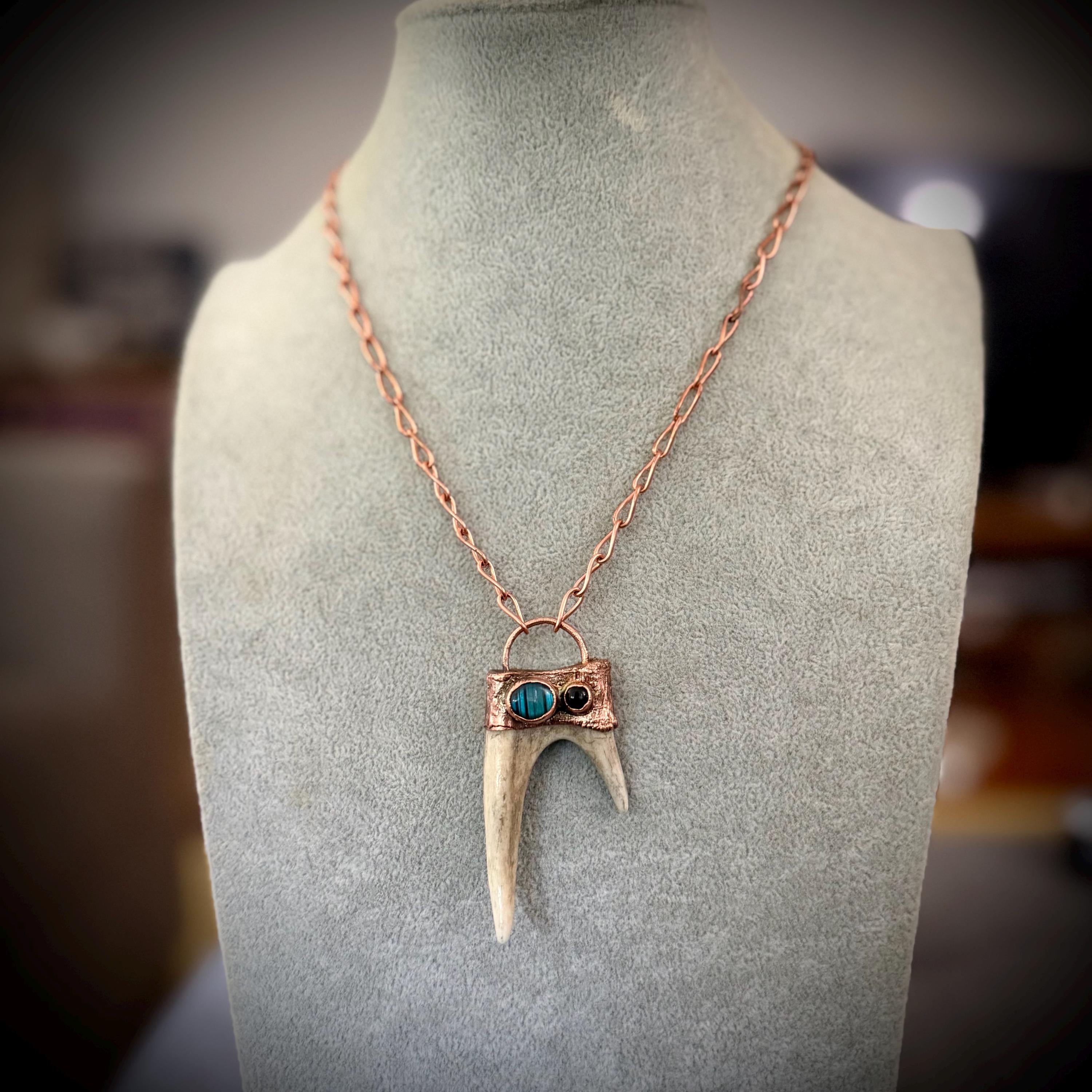 Electroformed Antler Necklace with Labradorite & Obsidian – Copper Nature Jewelry