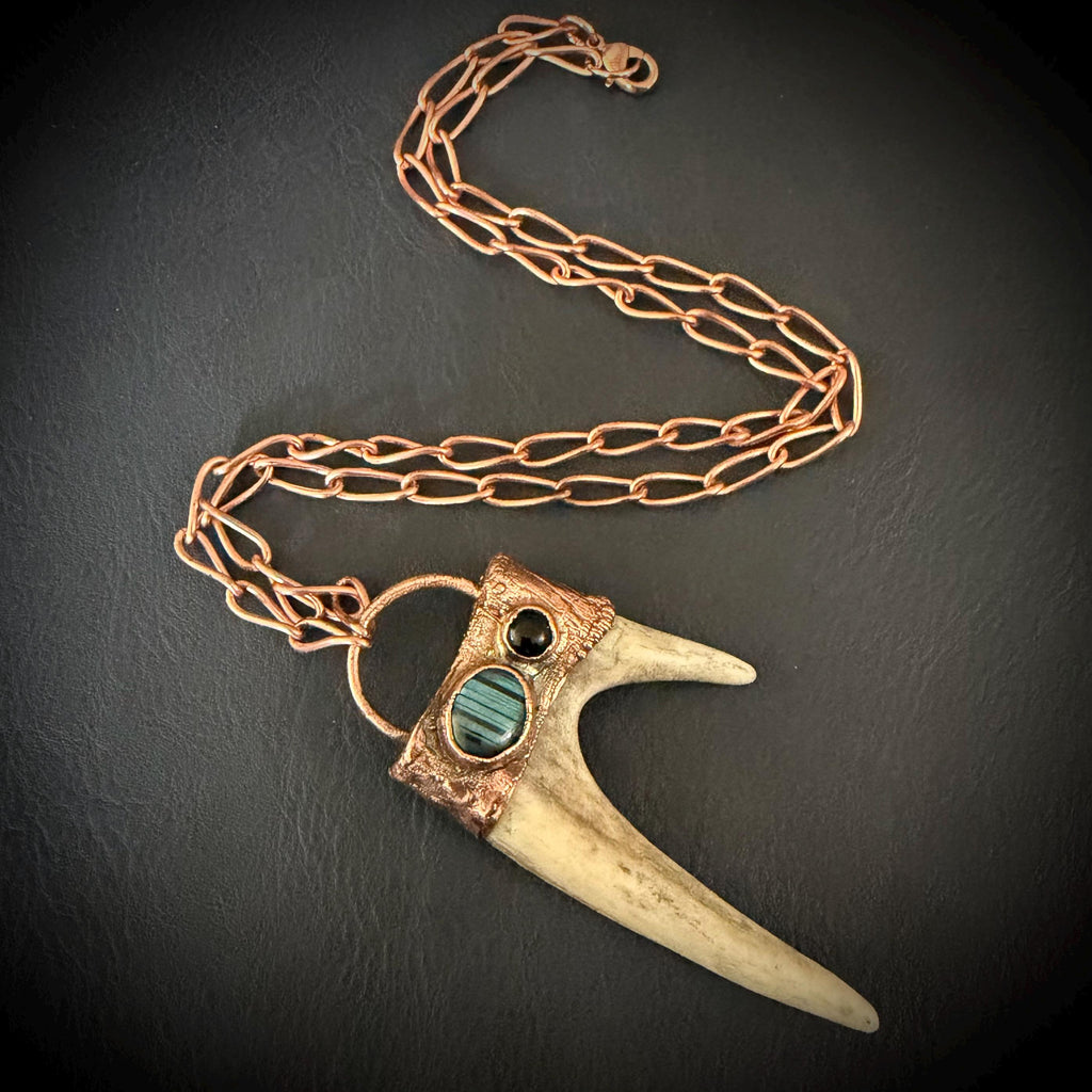 Electroformed Antler Necklace with Labradorite & Obsidian – Copper Nature Jewelry