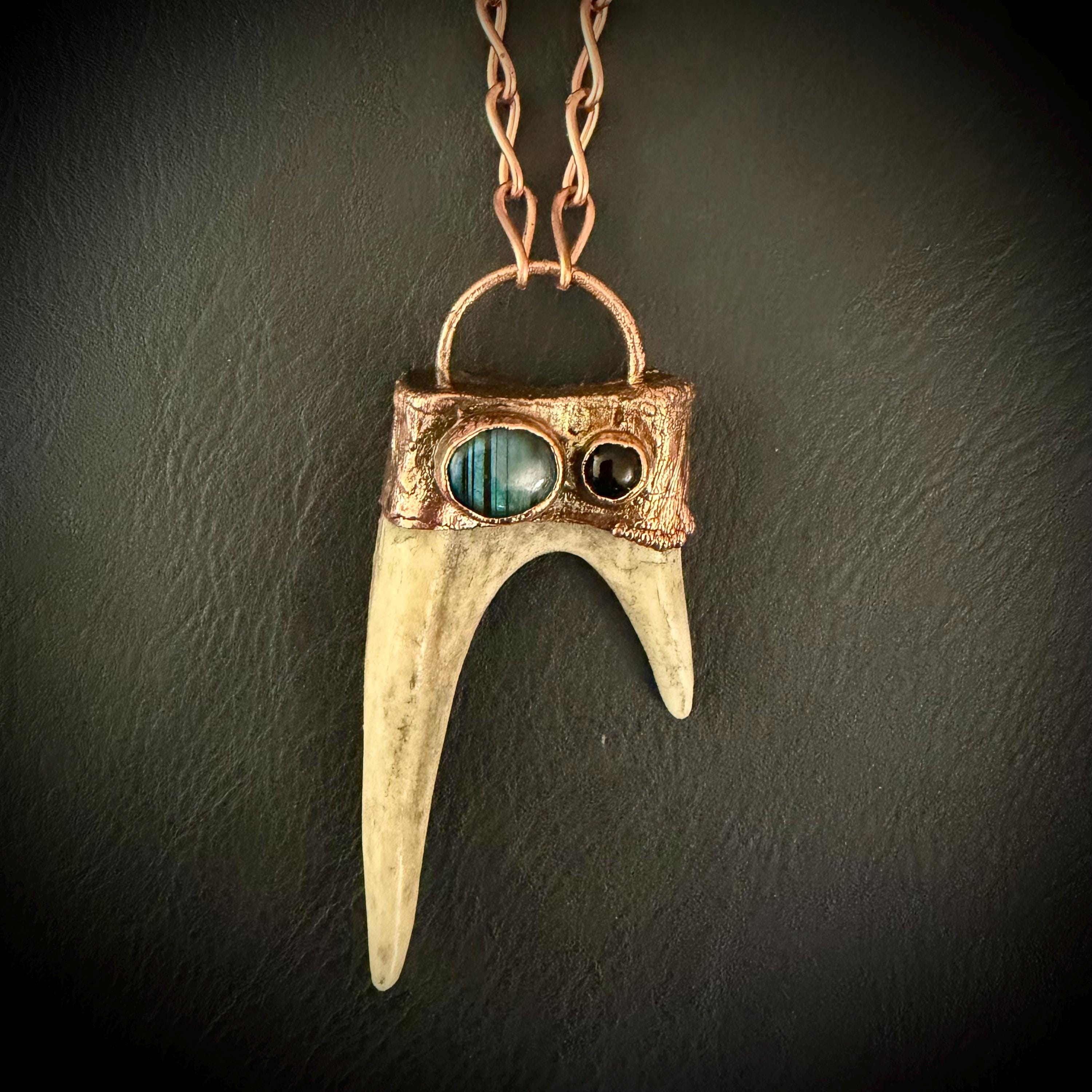 Electroformed Antler Necklace with Labradorite & Obsidian – Copper Nature Jewelry