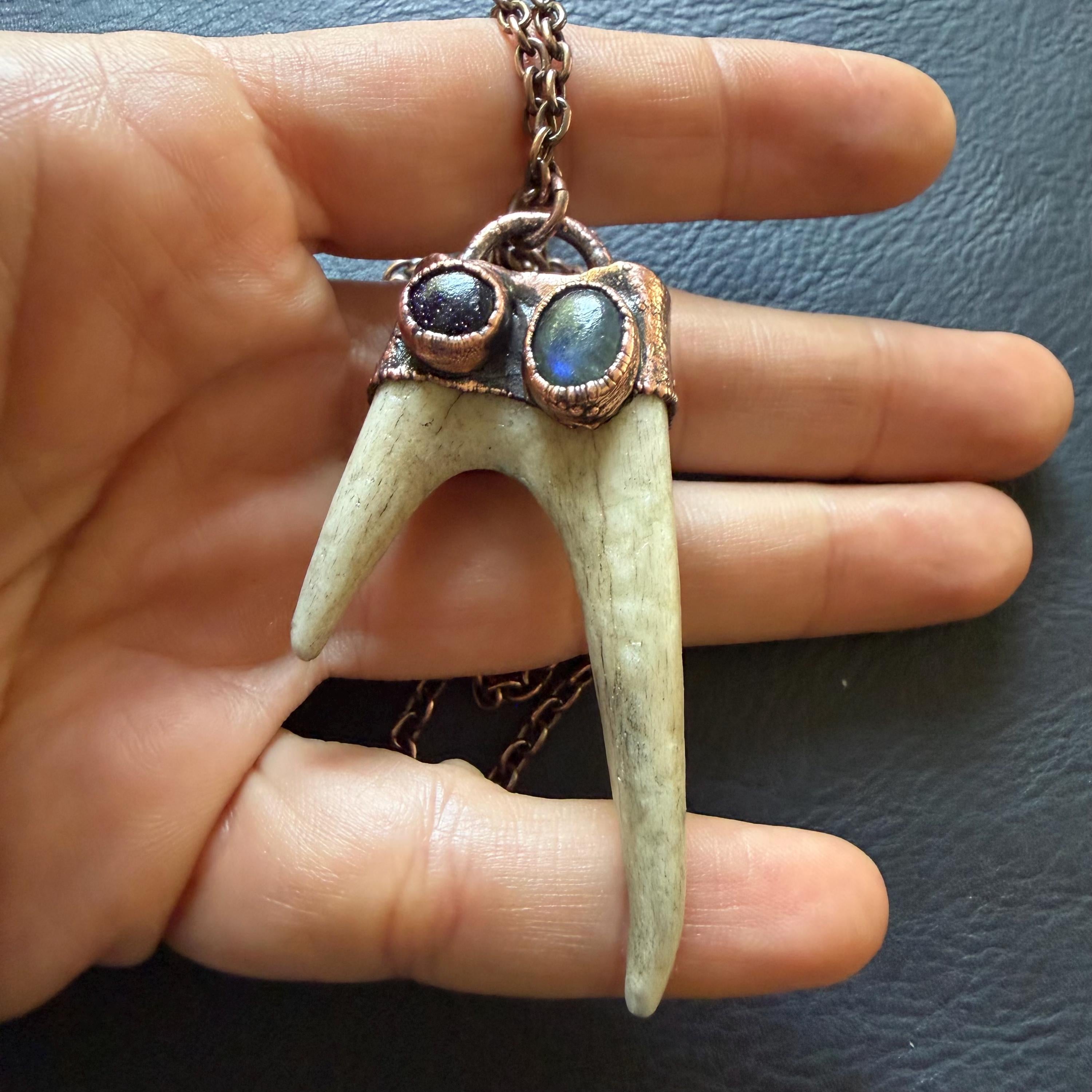 Electroformed Antler Necklace with Labradorite & Blue Goldstone – Copper Nature Jewelry