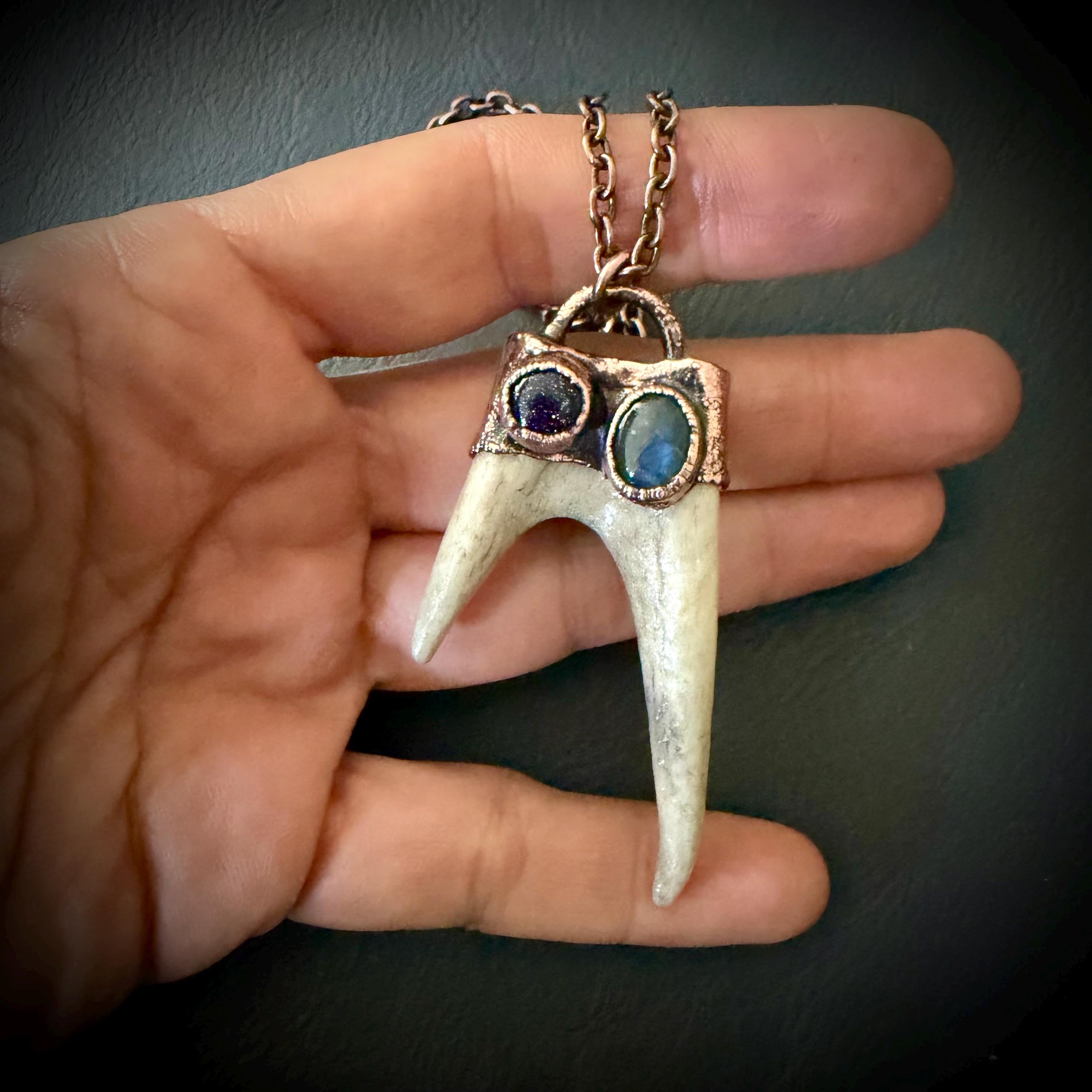 Electroformed Antler Necklace with Labradorite & Blue Goldstone – Copper Nature Jewelry