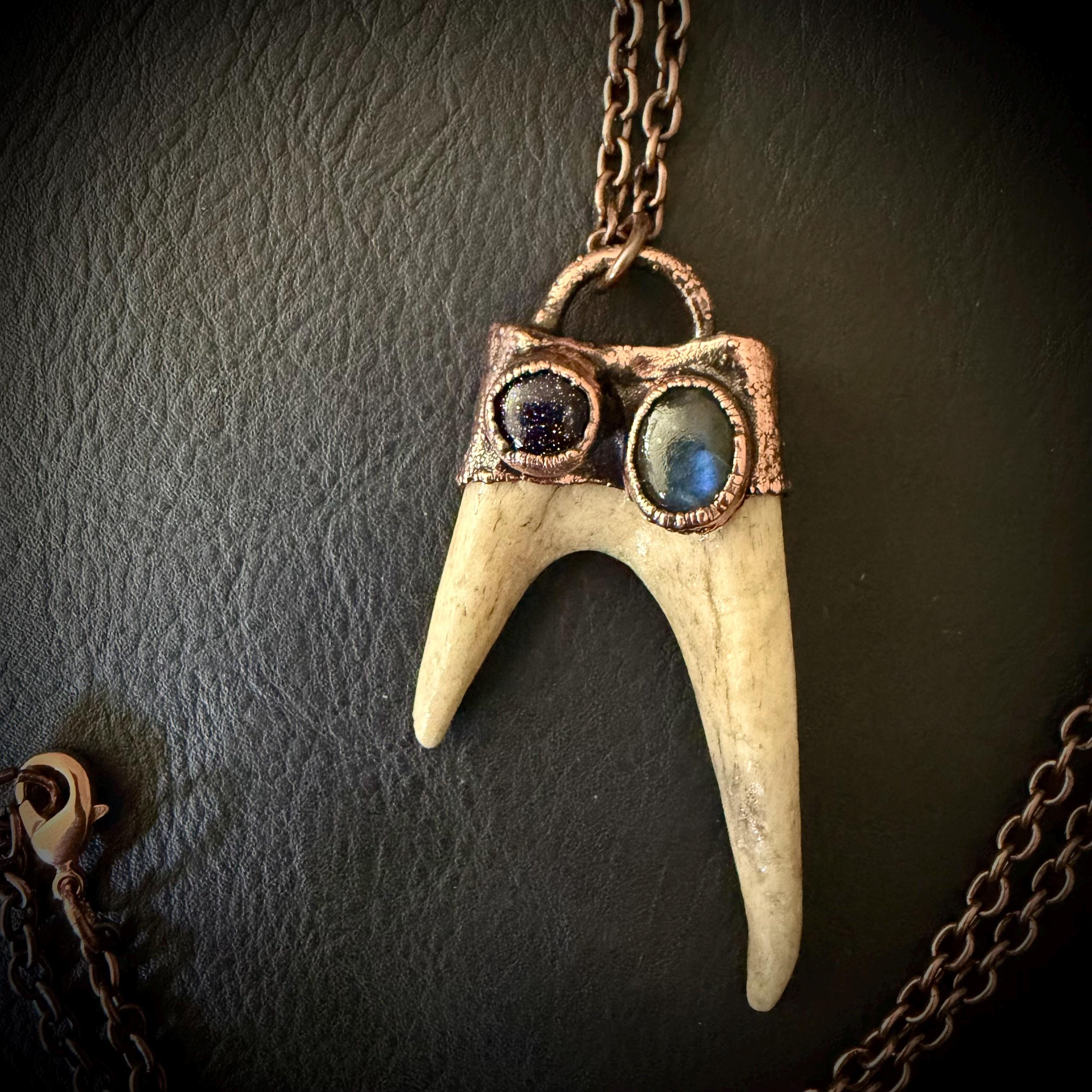 Electroformed Antler Necklace with Labradorite & Blue Goldstone – Copper Nature Jewelry