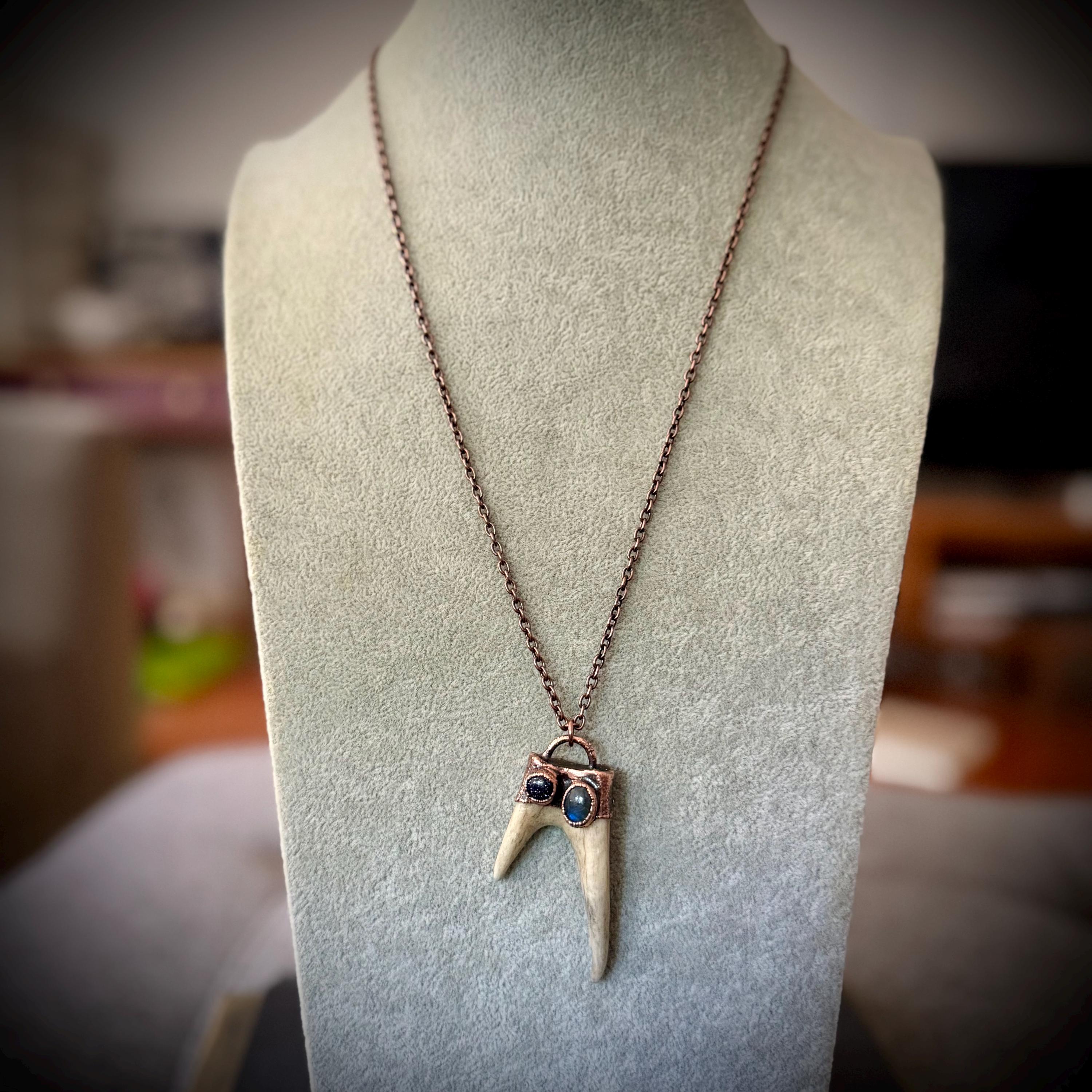 Electroformed Antler Necklace with Labradorite & Blue Goldstone – Copper Nature Jewelry