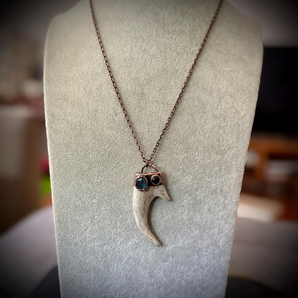 Electroformed Antler Necklace with Labradorite & Obsidian – Copper Nature Jewelry