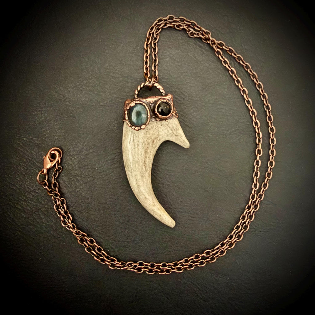 Electroformed Antler Necklace with Labradorite & Obsidian – Copper Nature Jewelry