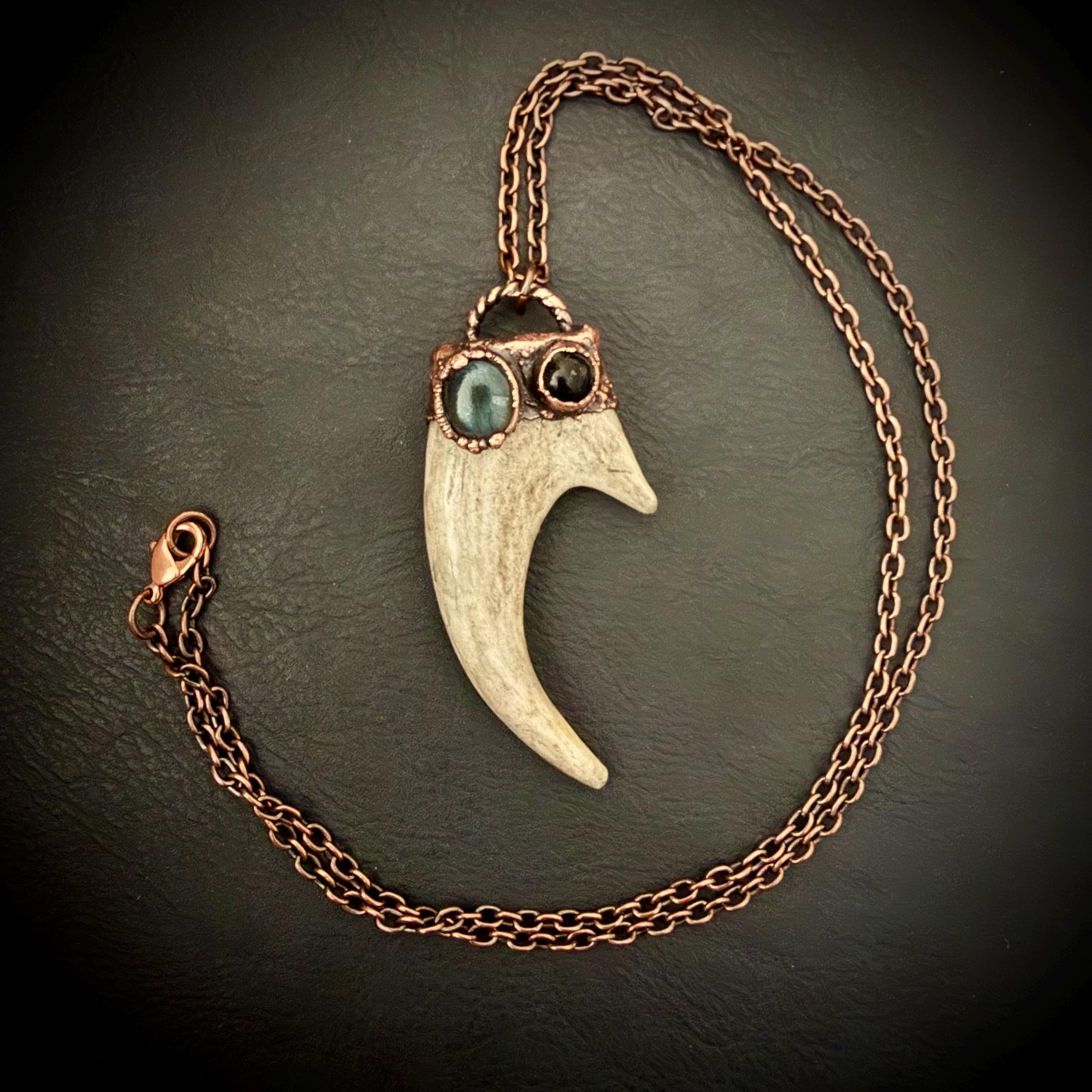 Electroformed Antler Necklace with Labradorite & Obsidian – Copper Nature Jewelry
